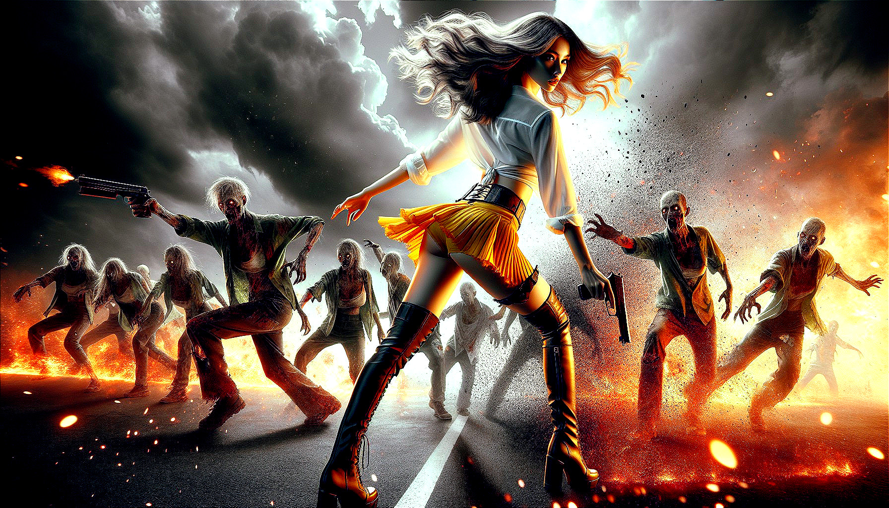 Fierce Woman Faces Zombie Horde in Fiery Landscape