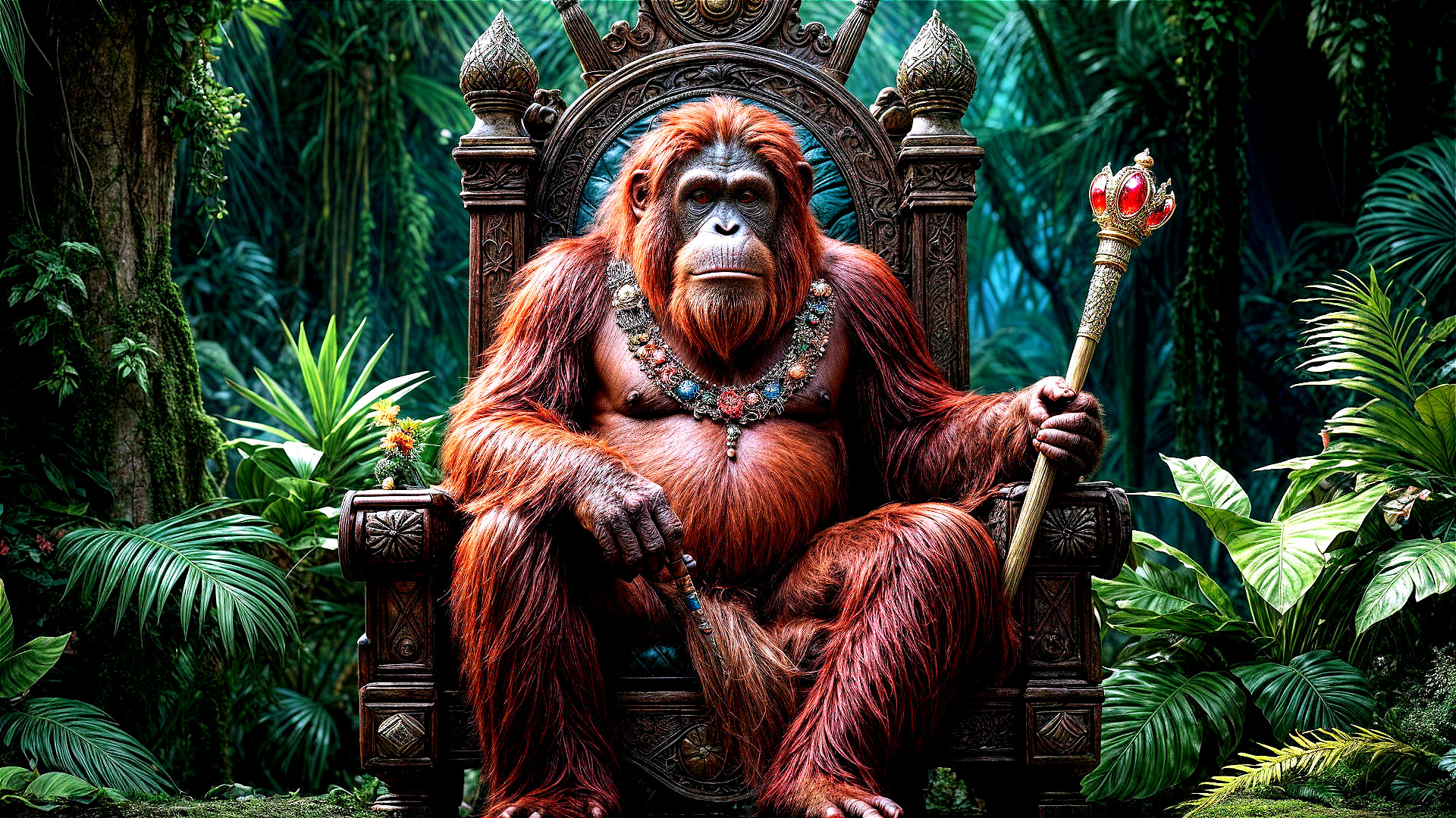 Orangutan on Ornate Throne in Vibrant Jungle Setting