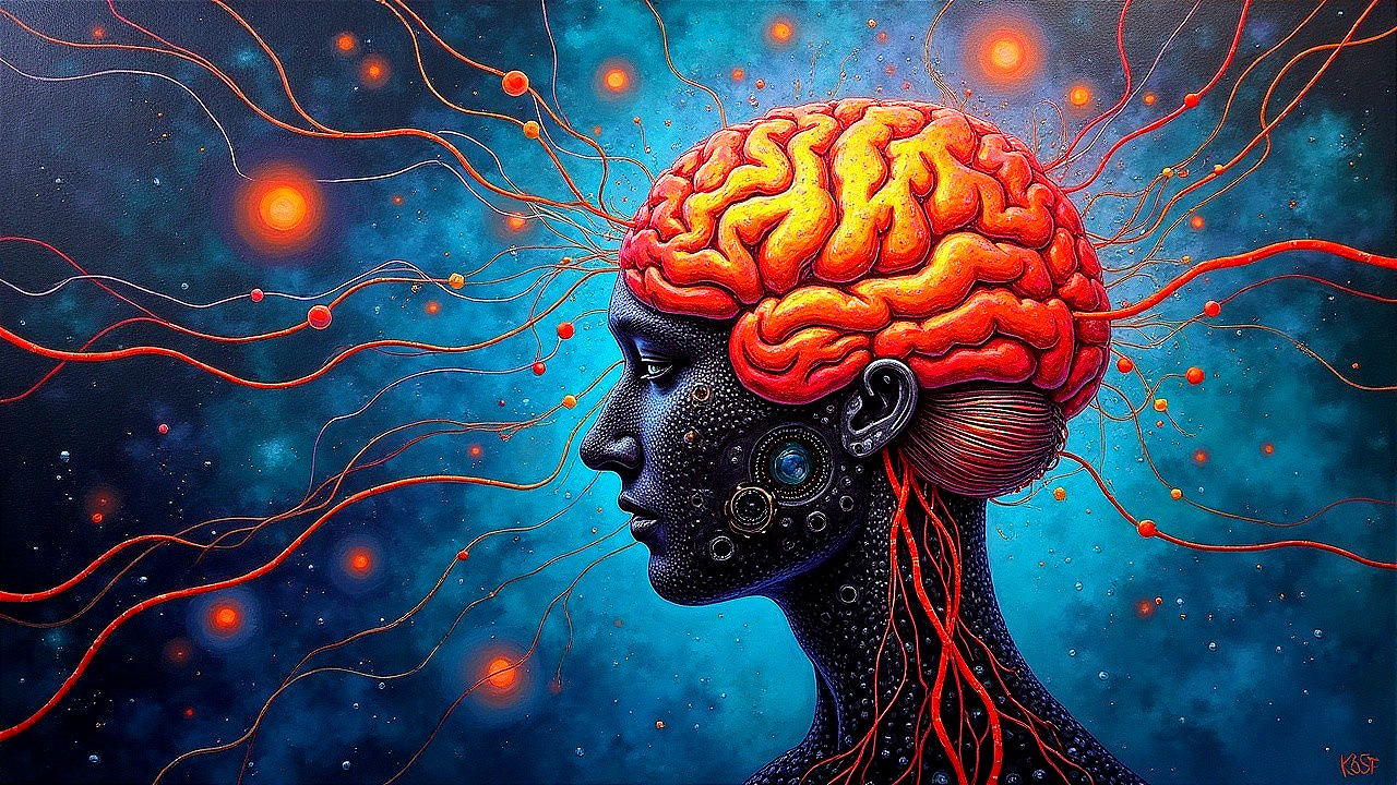 Vibrant Human Head with Colorful Brain and Patterns