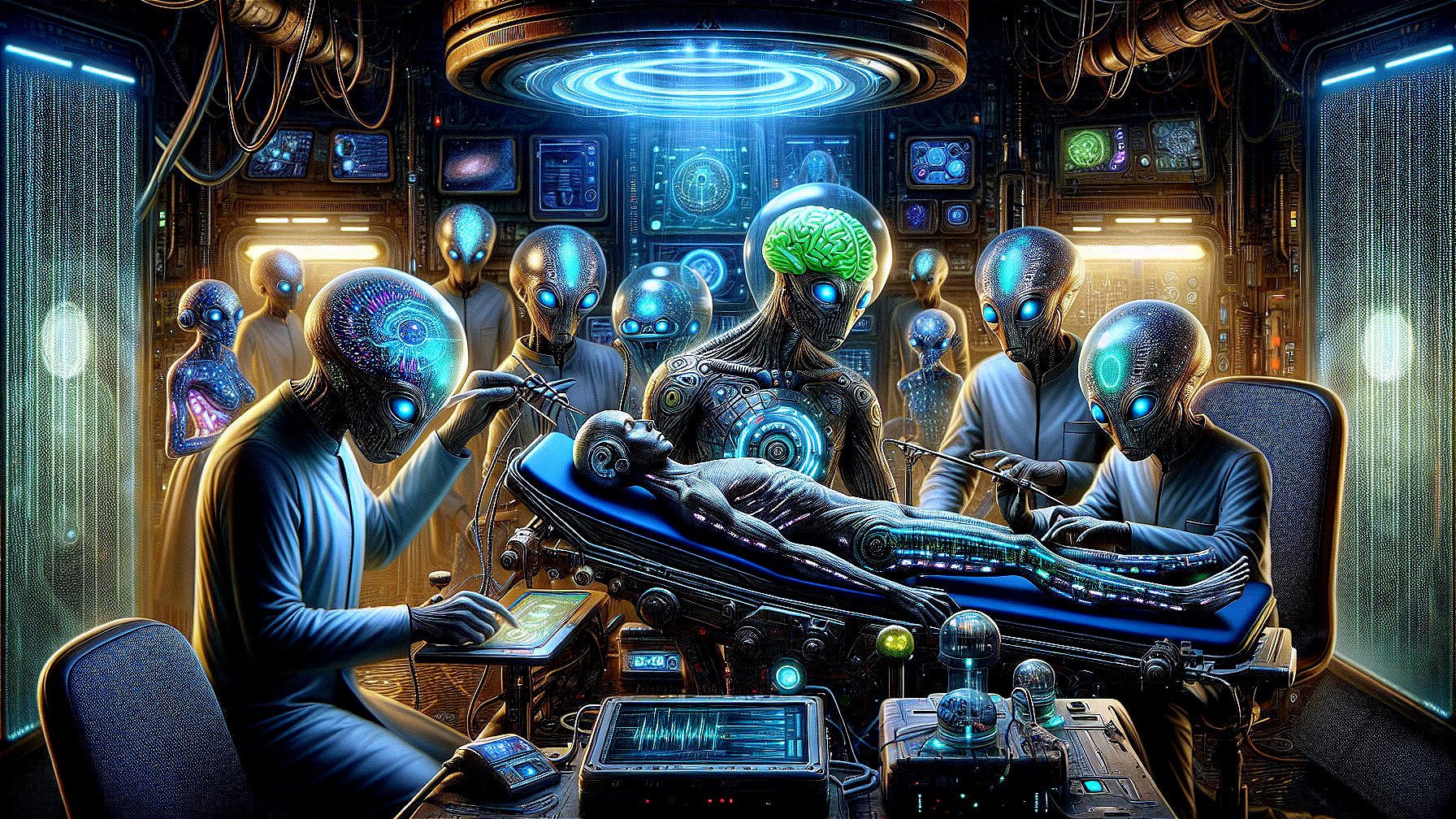 Alien Figures in High-Tech Laboratory Observing Human