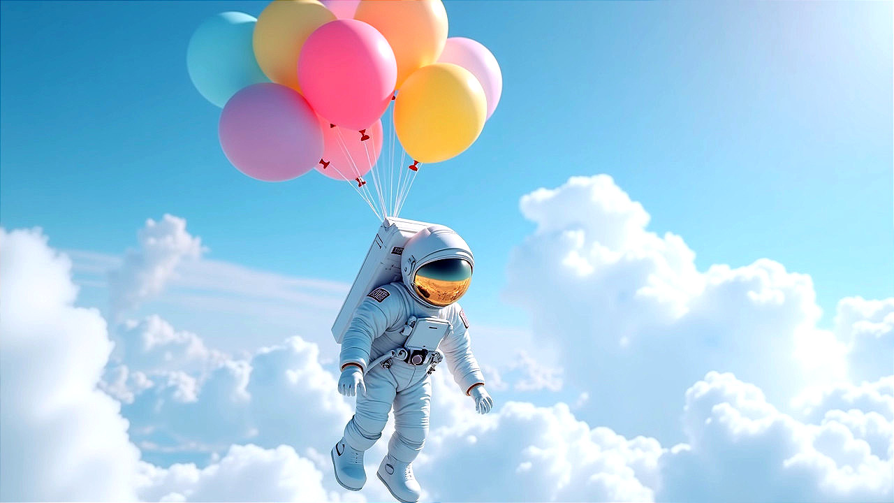 Astronaut Floating Among Balloons in Blue Sky