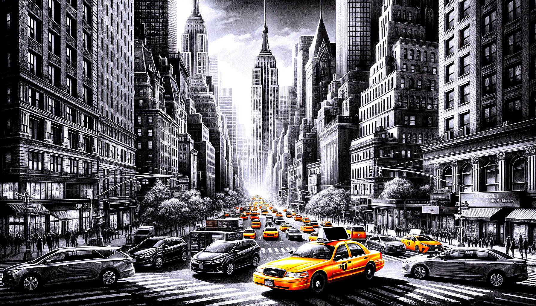 New York City Street Scene with Yellow Taxis and Skyscrapers