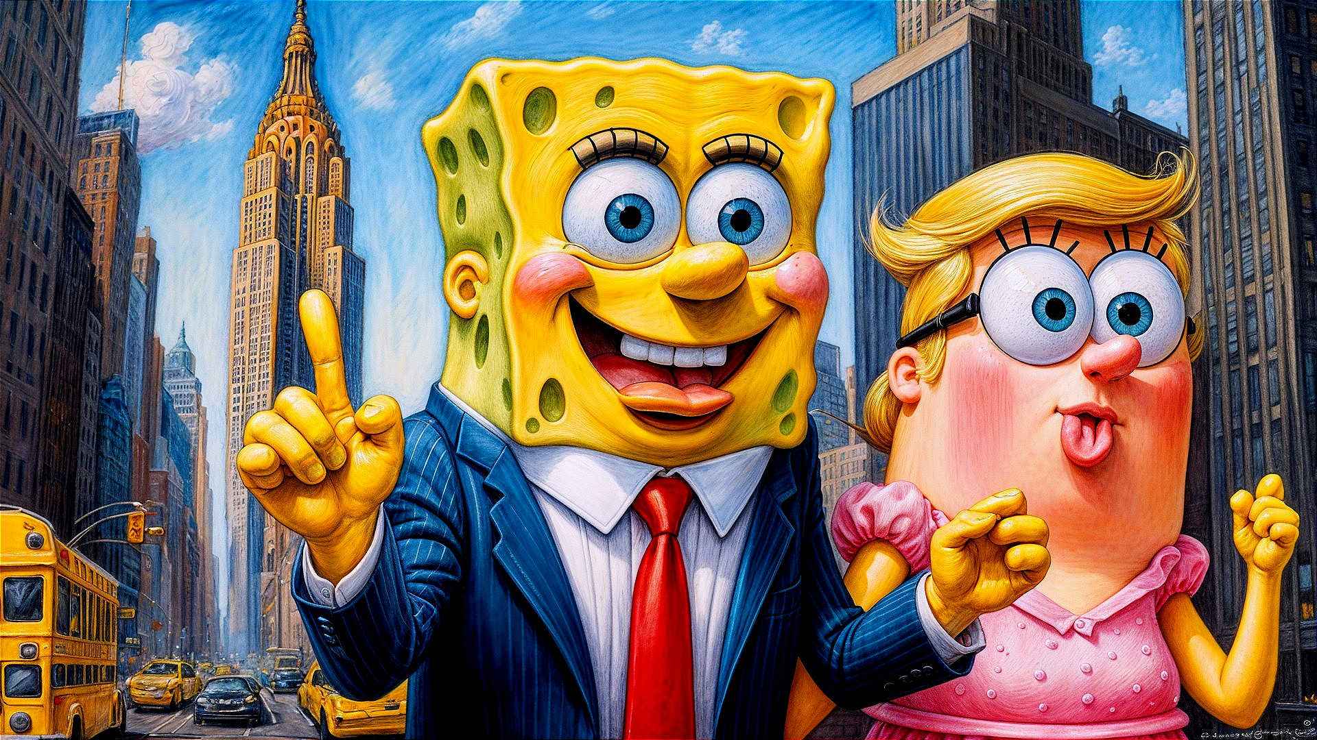 Urban Scene with Cartoon Characters in Bright Colors