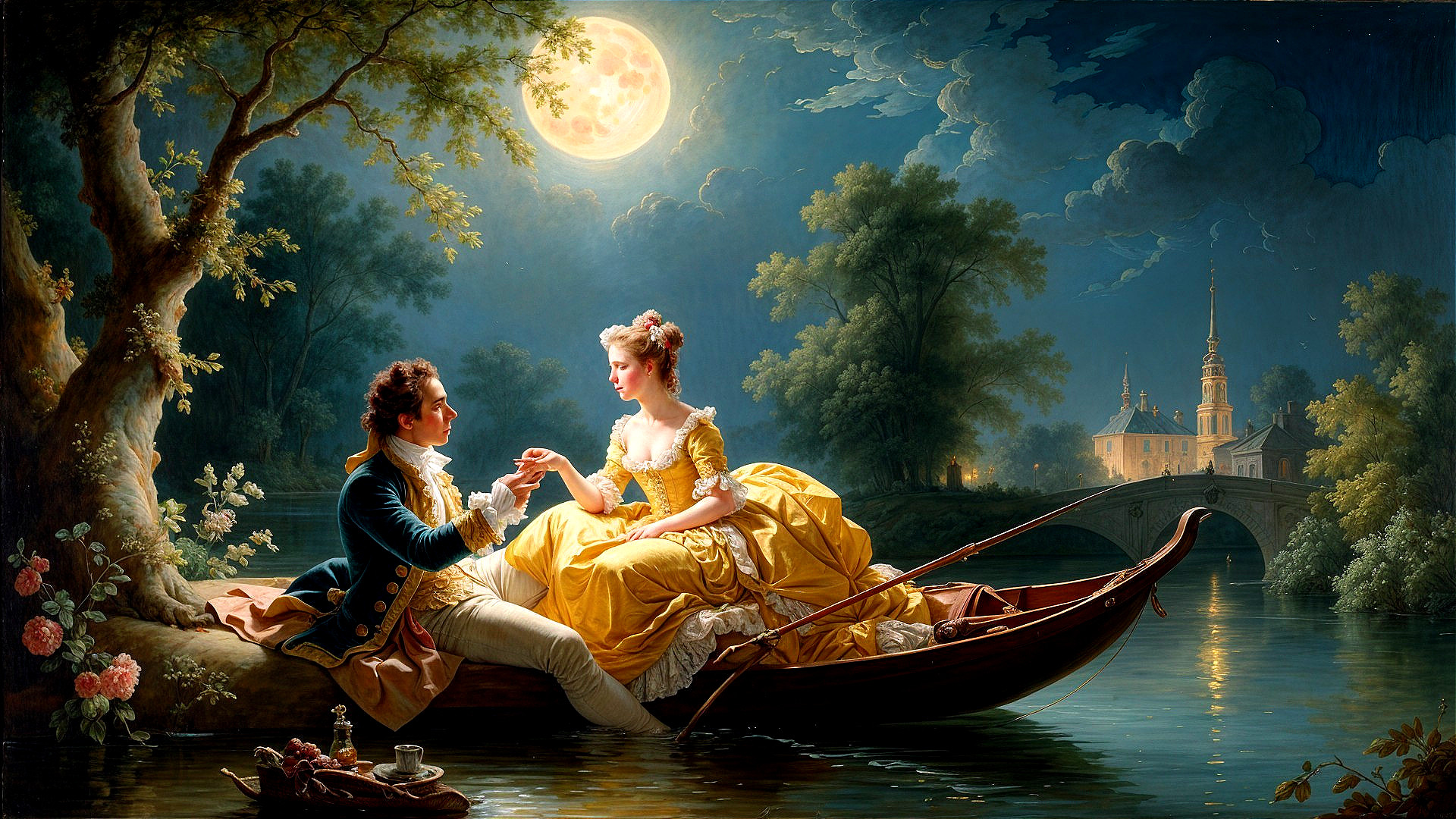 Romantic Scene on a Moonlit Lake with Historical Attire