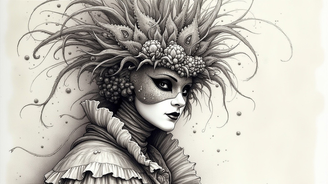 Intricate Portrait of a Masked Figure with Headdress