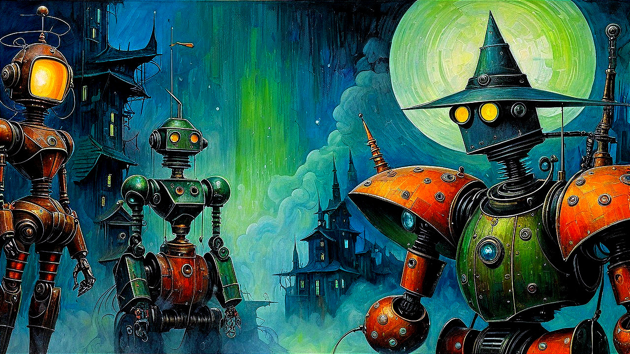 Whimsical Robots in a Surreal Moonlit Landscape