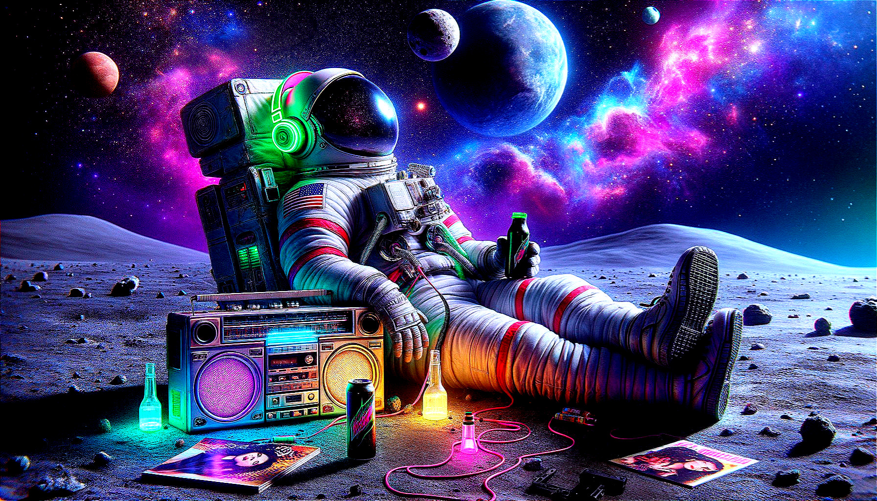 Astronaut Relaxing on Colorful Lunar Surface with Boombox
