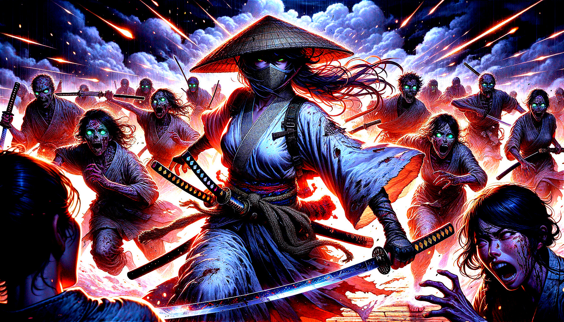 Warrior in Kimono Leads Zombie Horde with Glowing Eyes