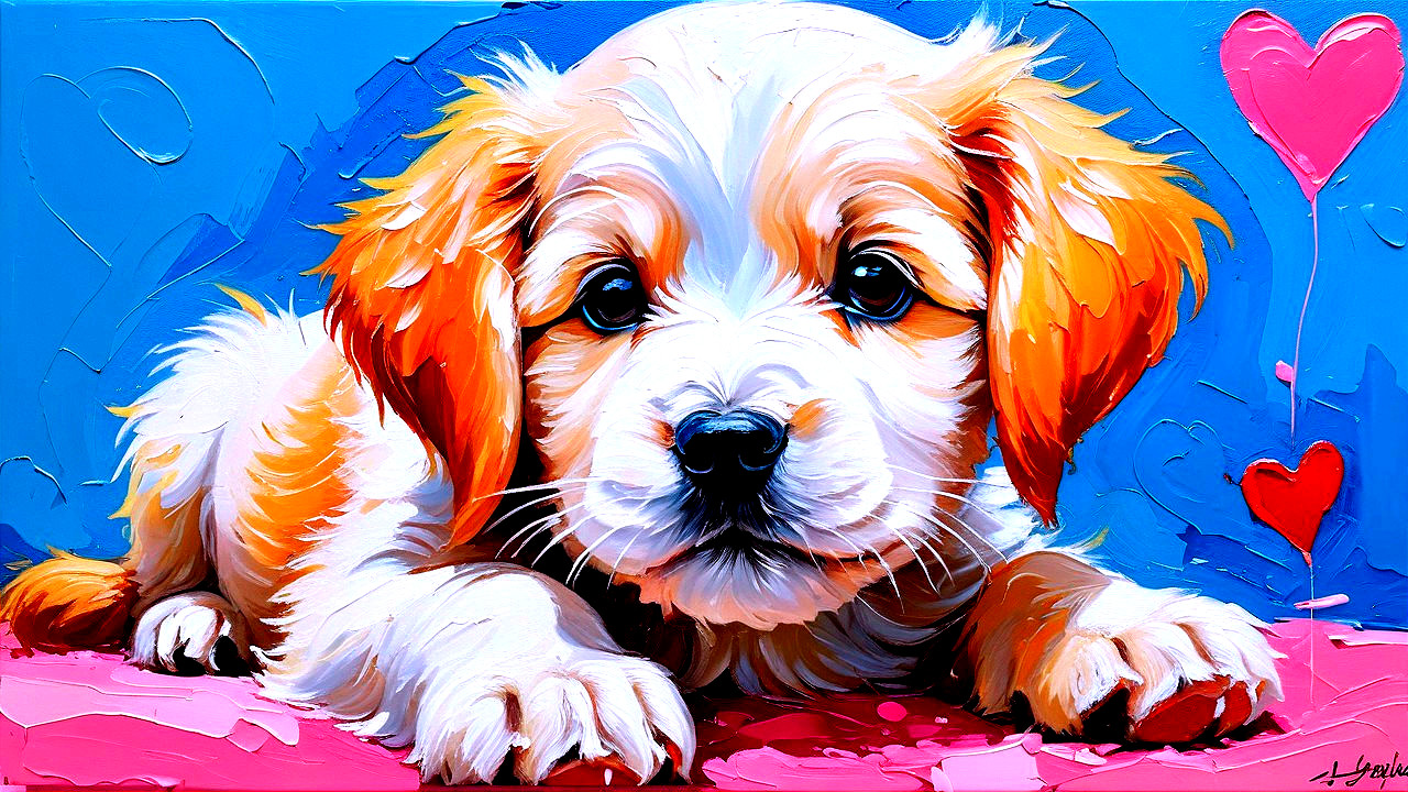 Colorful Painting of a Cute Fluffy Puppy with Hearts