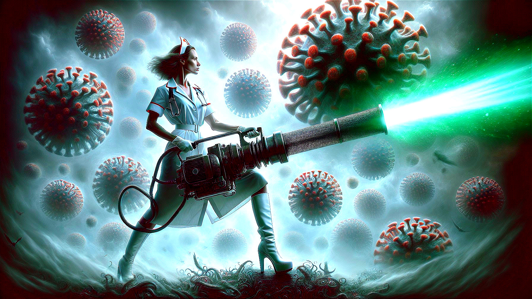 Futuristic Nurse with High-Tech Weapon in Sci-Fi Battle