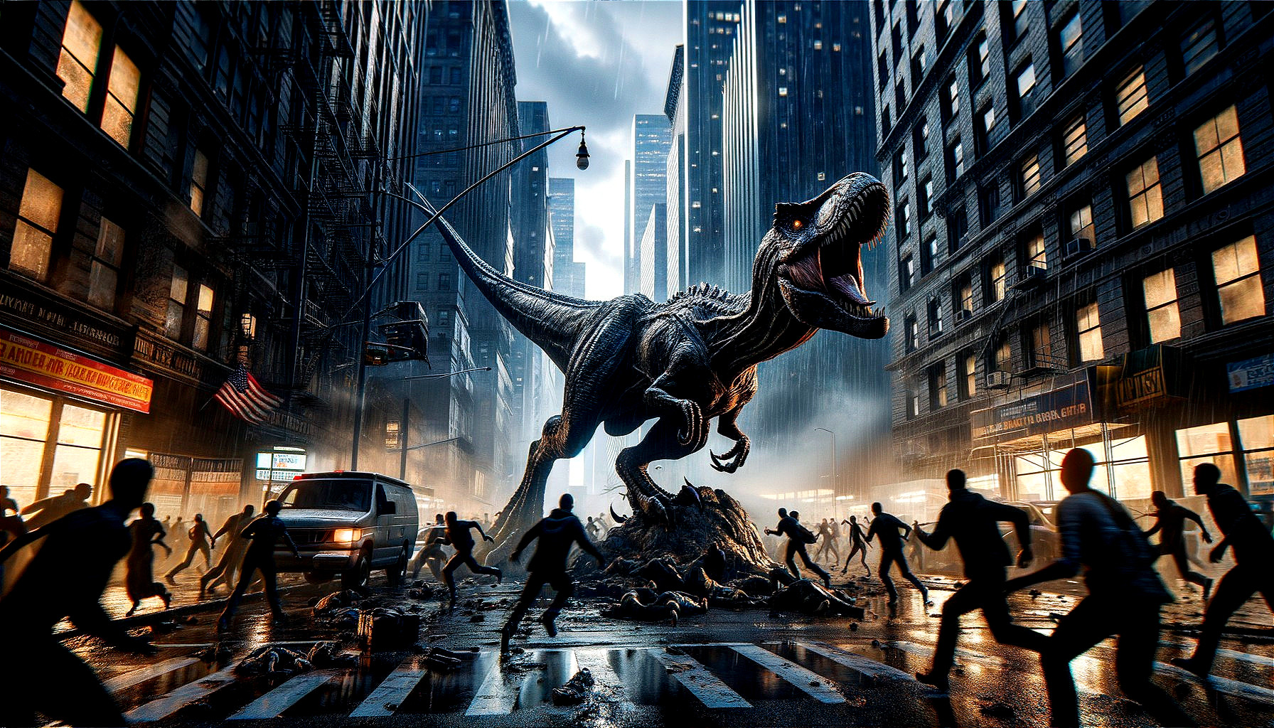 Dinosaur Roars in Urban Chaos with Skyscrapers Nearby