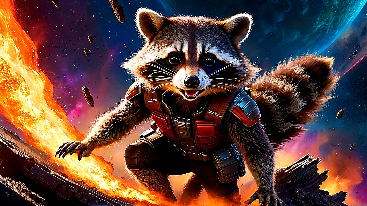 Stylized Raccoon Character in Cosmic Background