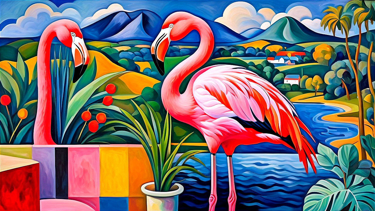 Vibrant Landscape with Flamingos and Tropical Foliage
