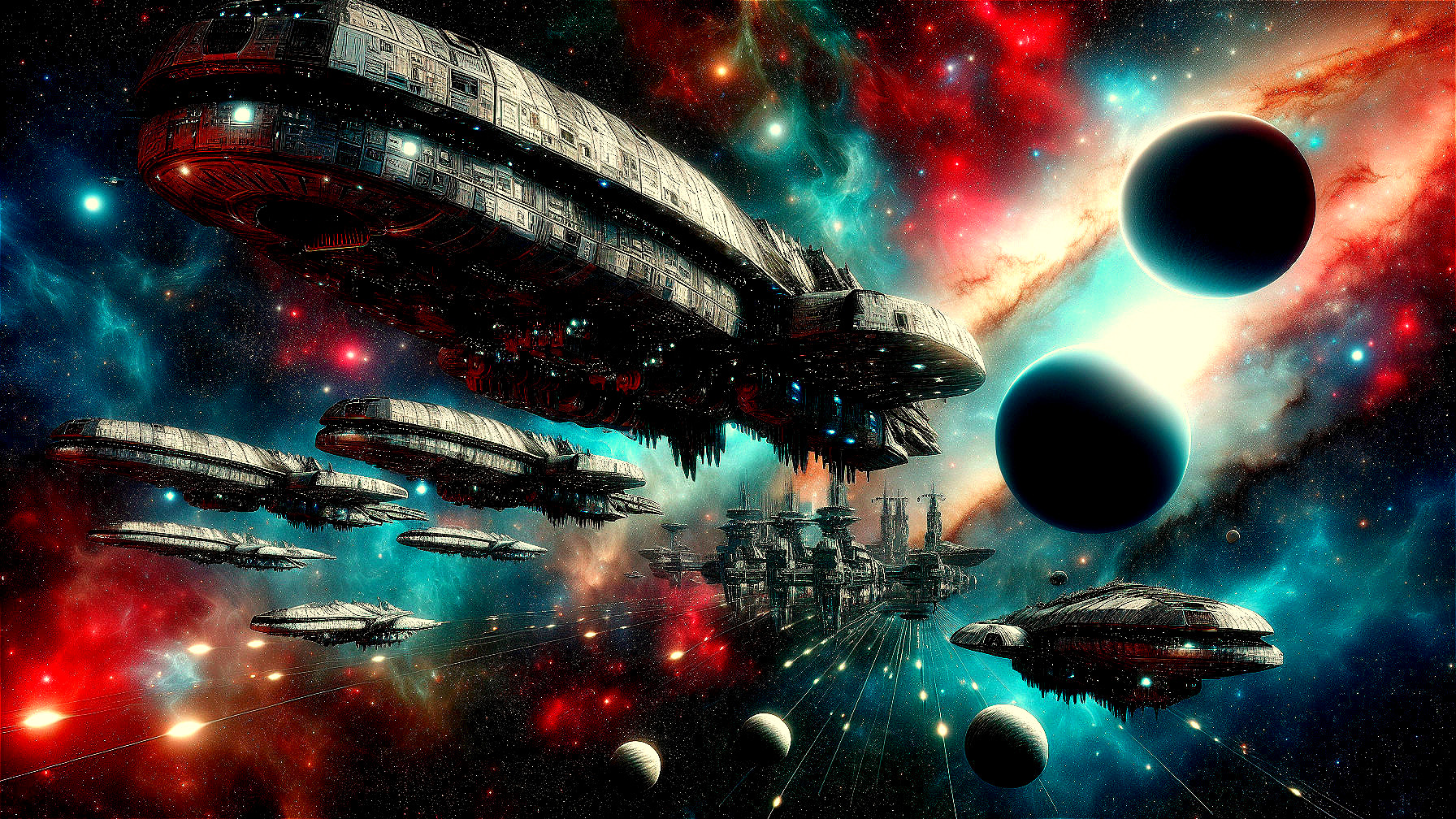 Futuristic Spaceships in a Vibrant Cosmic Setting