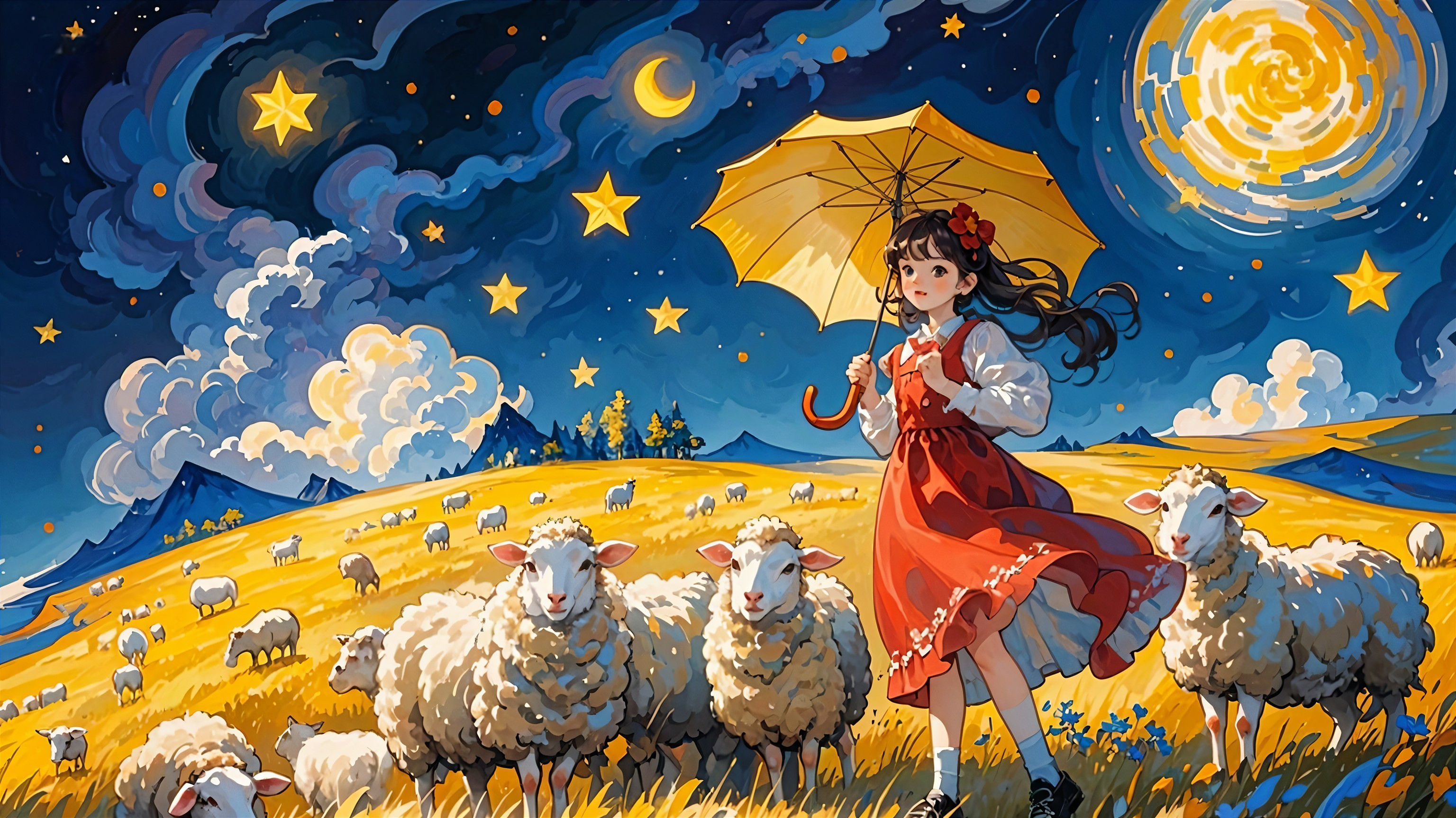 Young girl in red dress with yellow umbrella in landscape