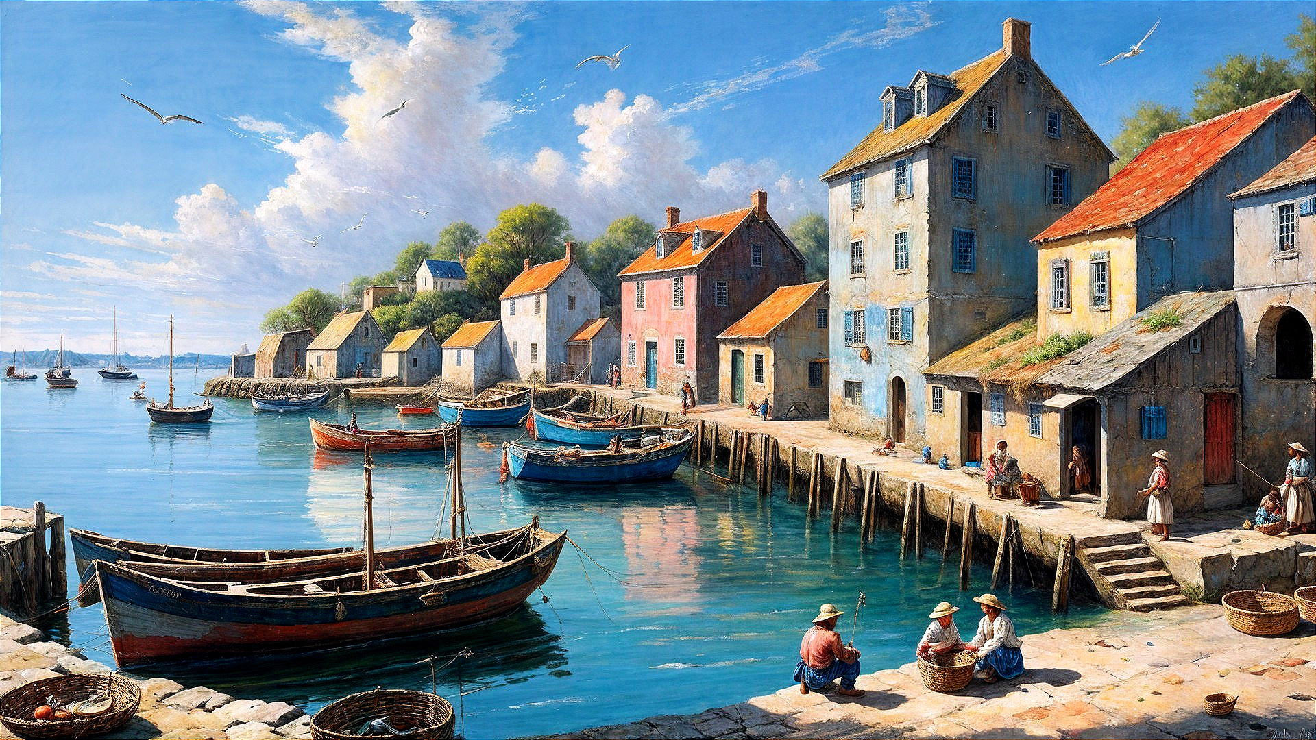 Coastal Harbor Scene with Colorful Houses and Boats