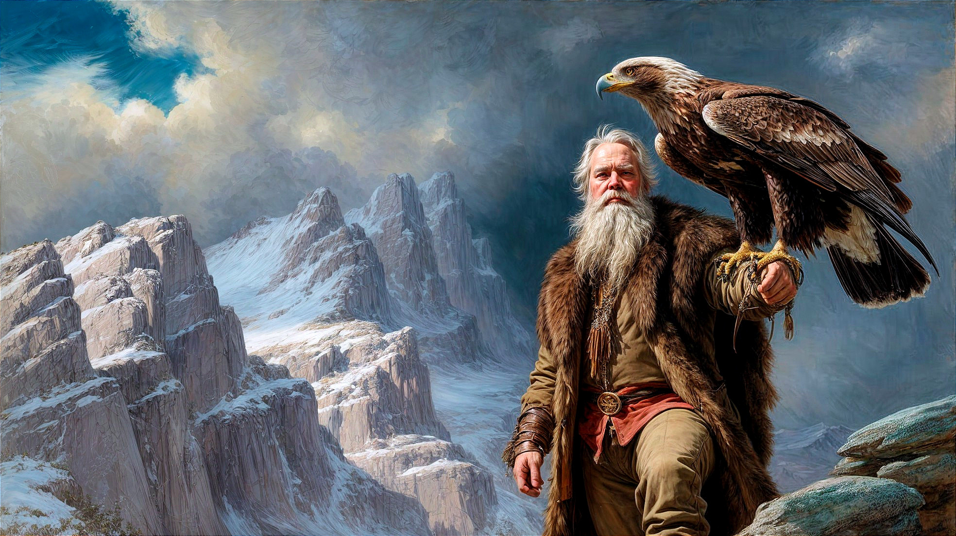 Elderly Man with Eagle on Rocky Terrain and Mountains