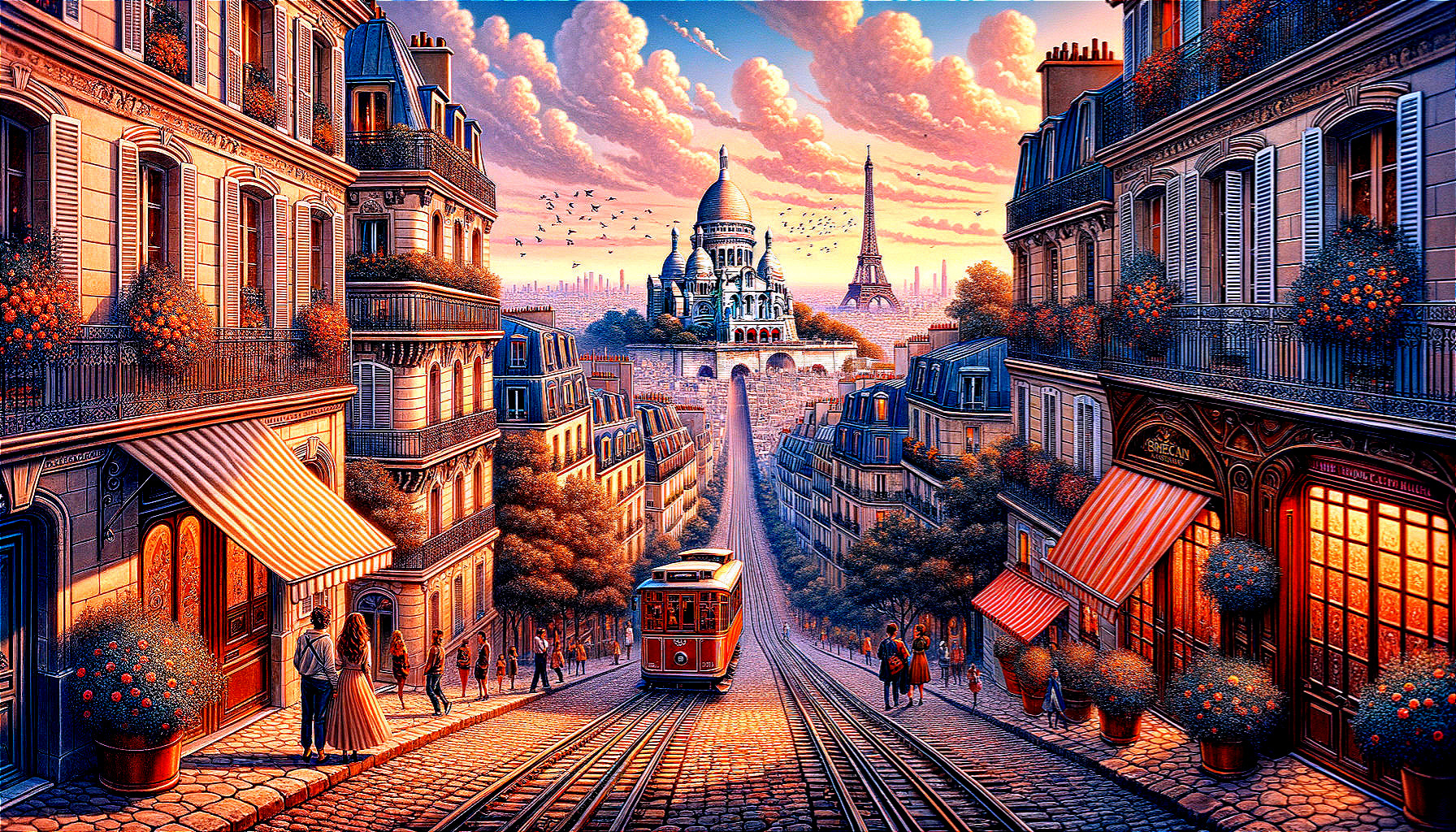 Vibrant Paris Street Scene at Sunset with Landmarks