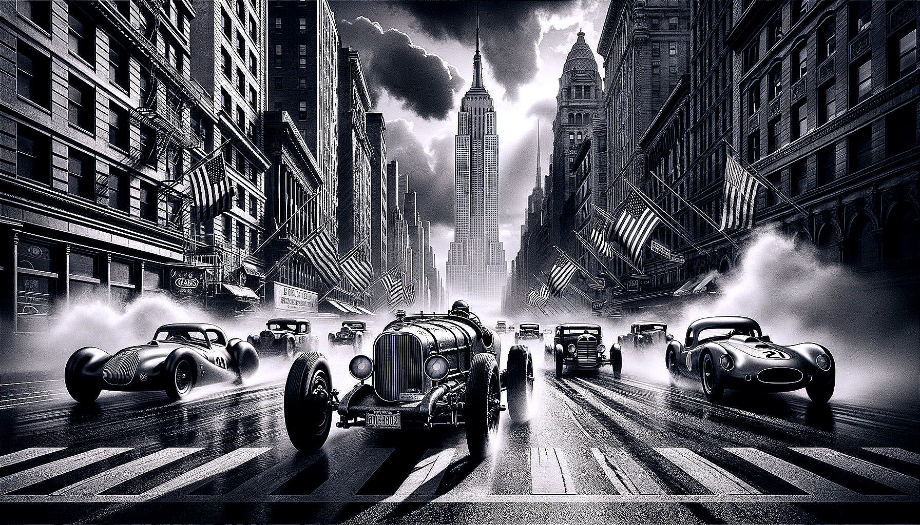 Black-and-White City Scene with Vintage Cars and Empire State