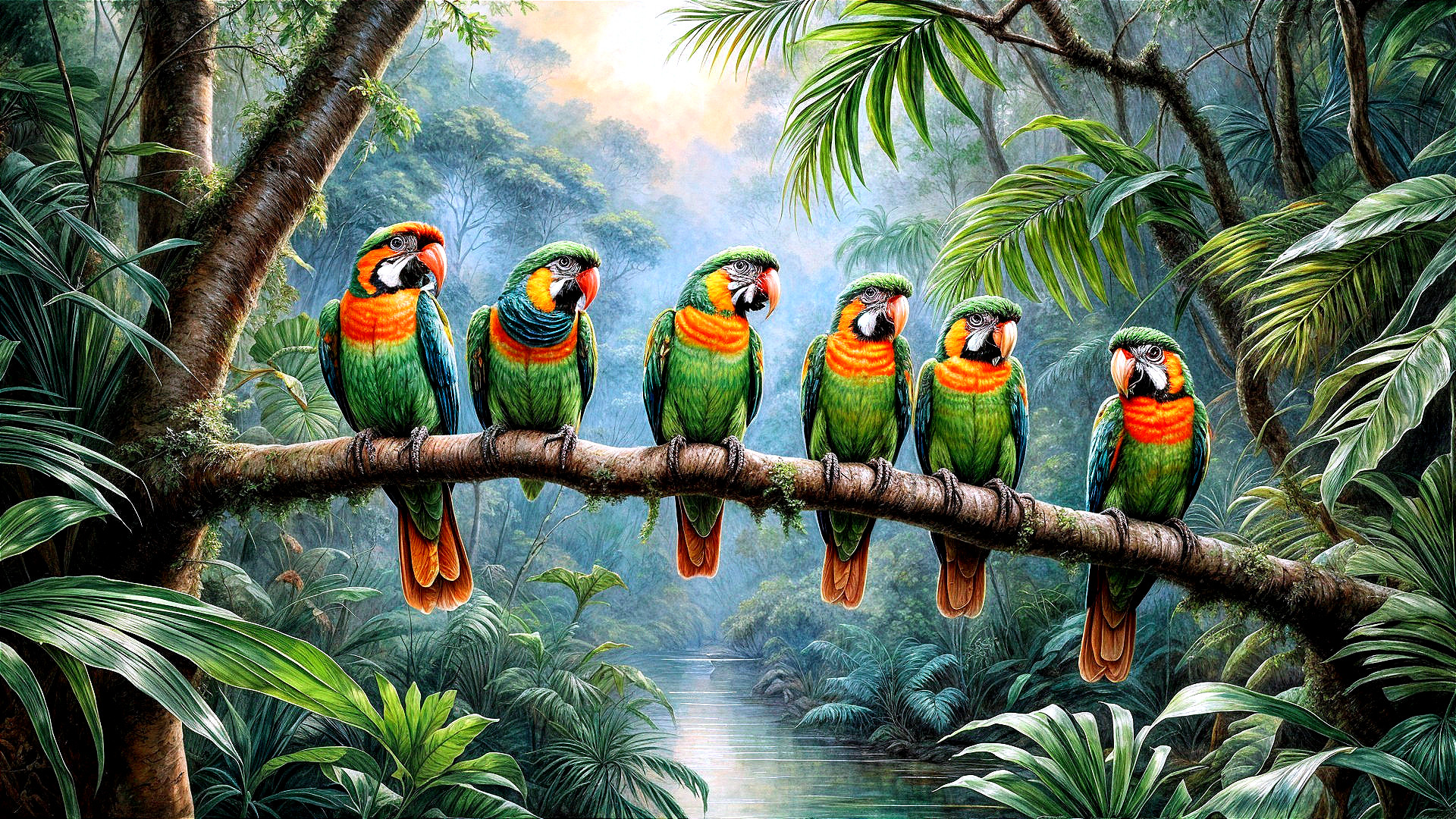 Colorful Parrots in a Tropical Rainforest Setting
