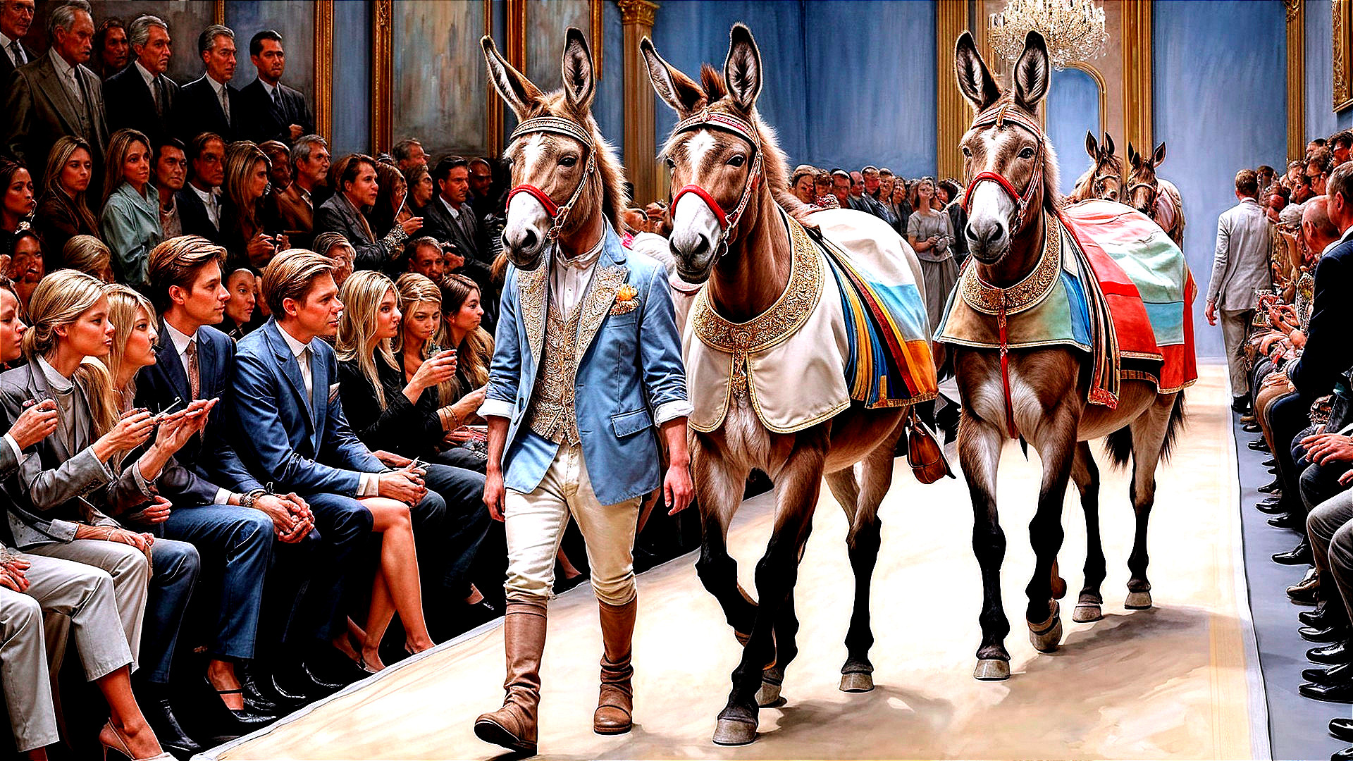 Elegant Donkeys on Runway in Lavish Hall Setting