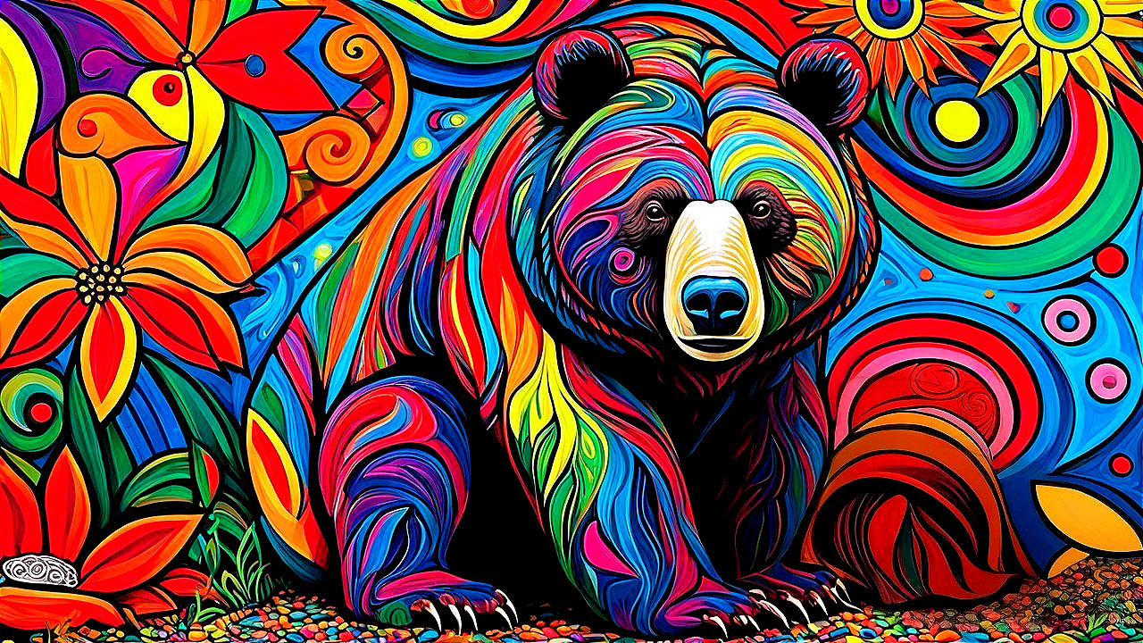 Colorful Bear Surrounded by Bright Floral Patterns