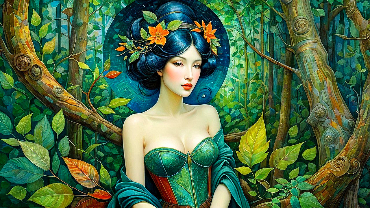 Serene Woman with Blue Hair in Lush Green Forest