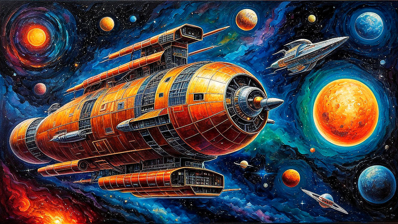 Vivid Cosmic Scene with Retro-Futuristic Spaceship