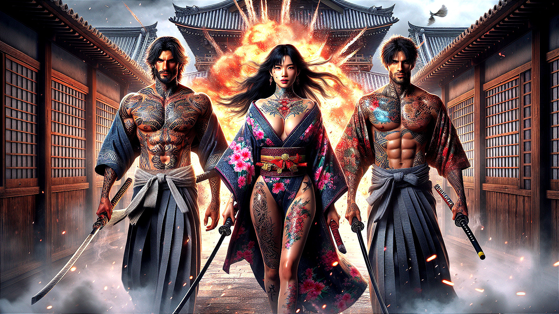 Three Figures in Traditional Japanese Attire with Swords