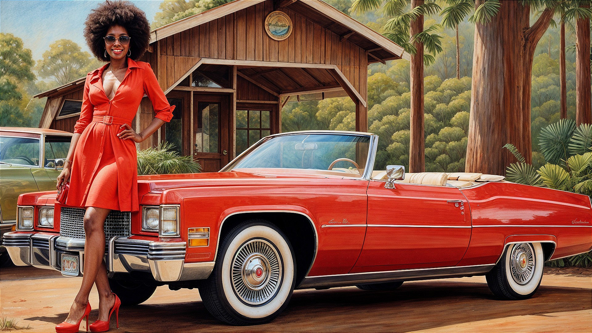 Stylish Woman in Red Dress by Vintage Convertible Car