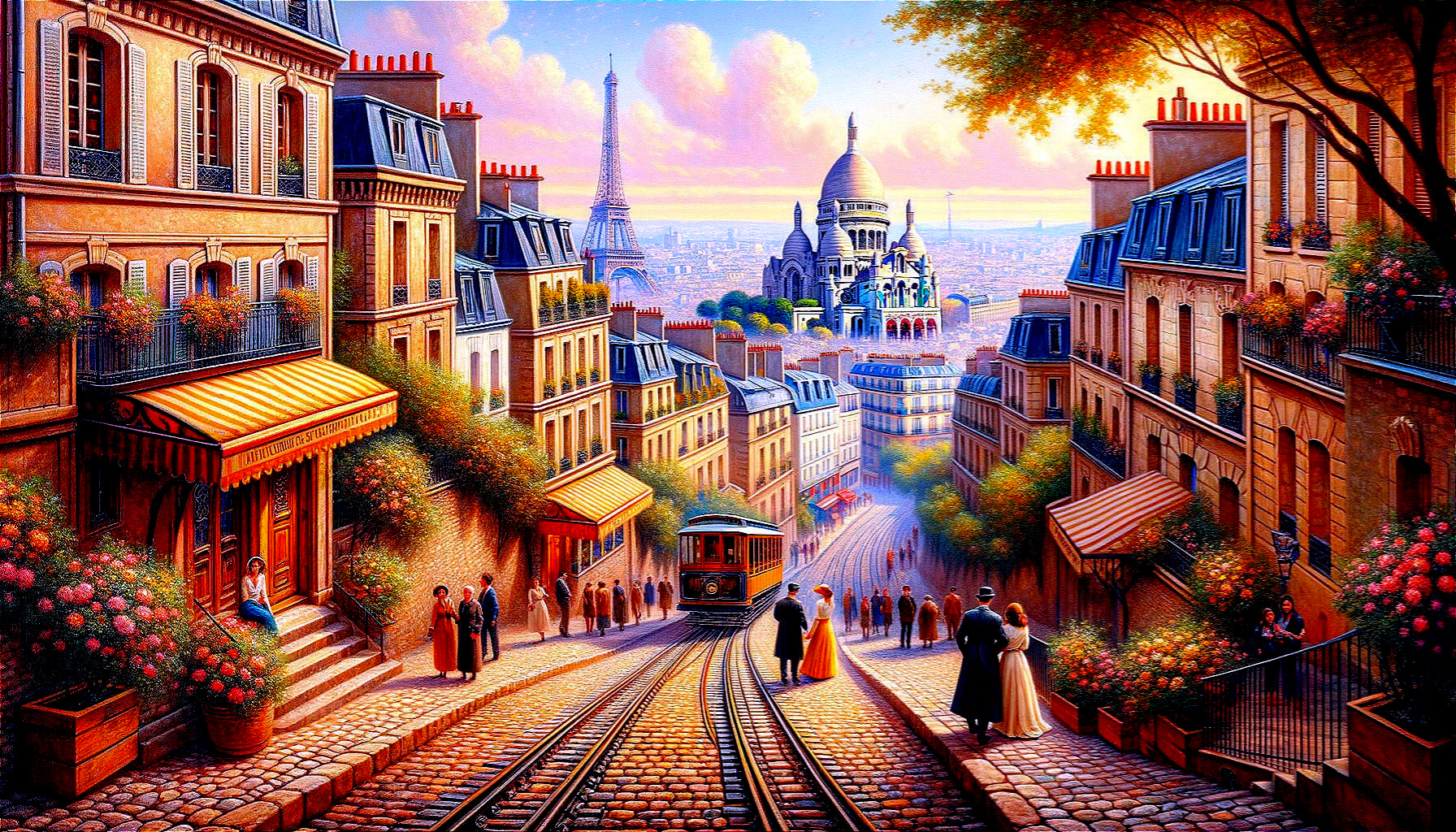 Parisian Street Scene with Eiffel Tower and Sacré-Cœur