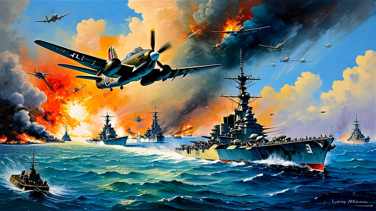 Dramatic Naval Battle Scene with Warships and Planes