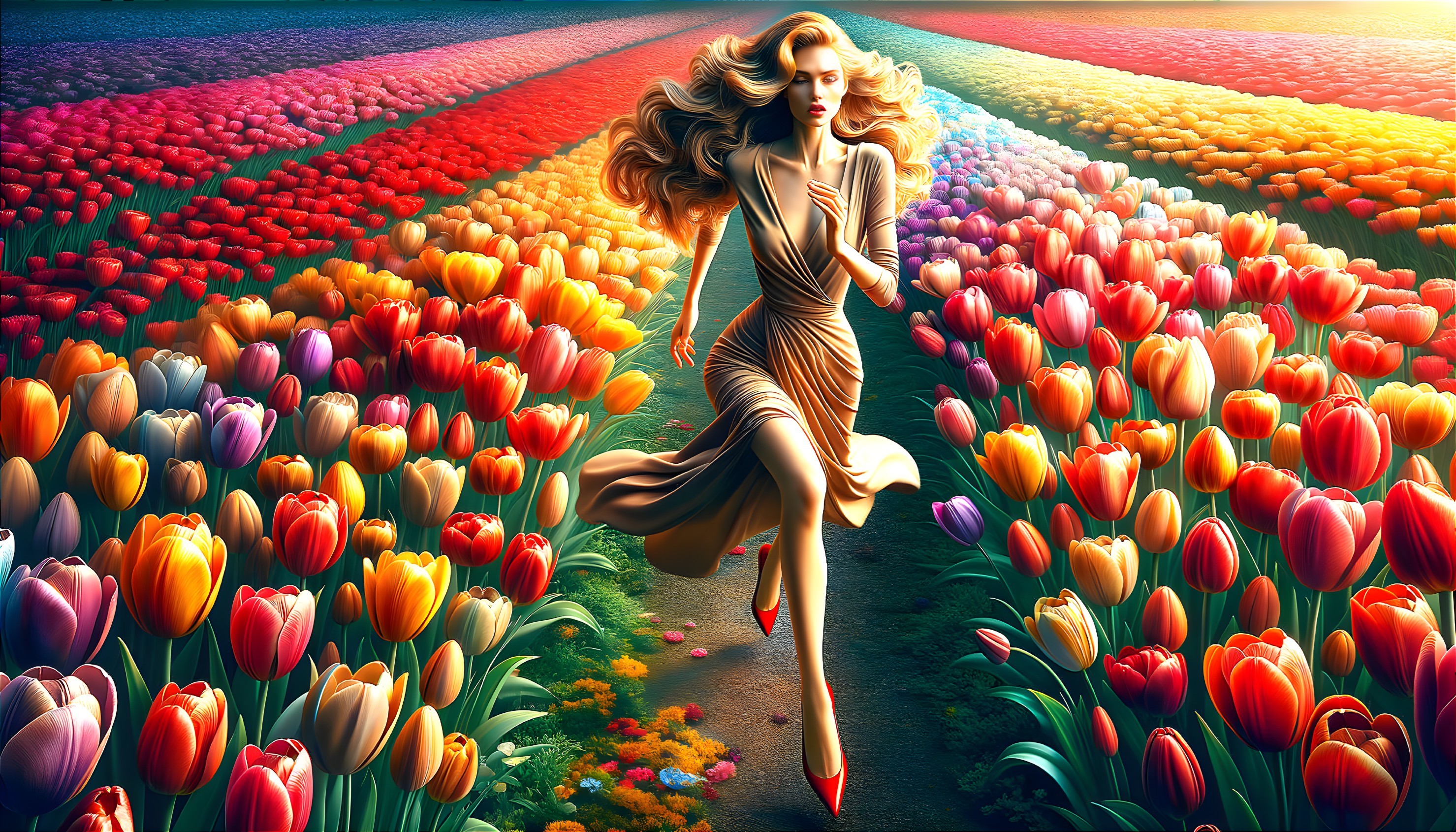 Woman in Elegant Dress in Vibrant Tulip Field