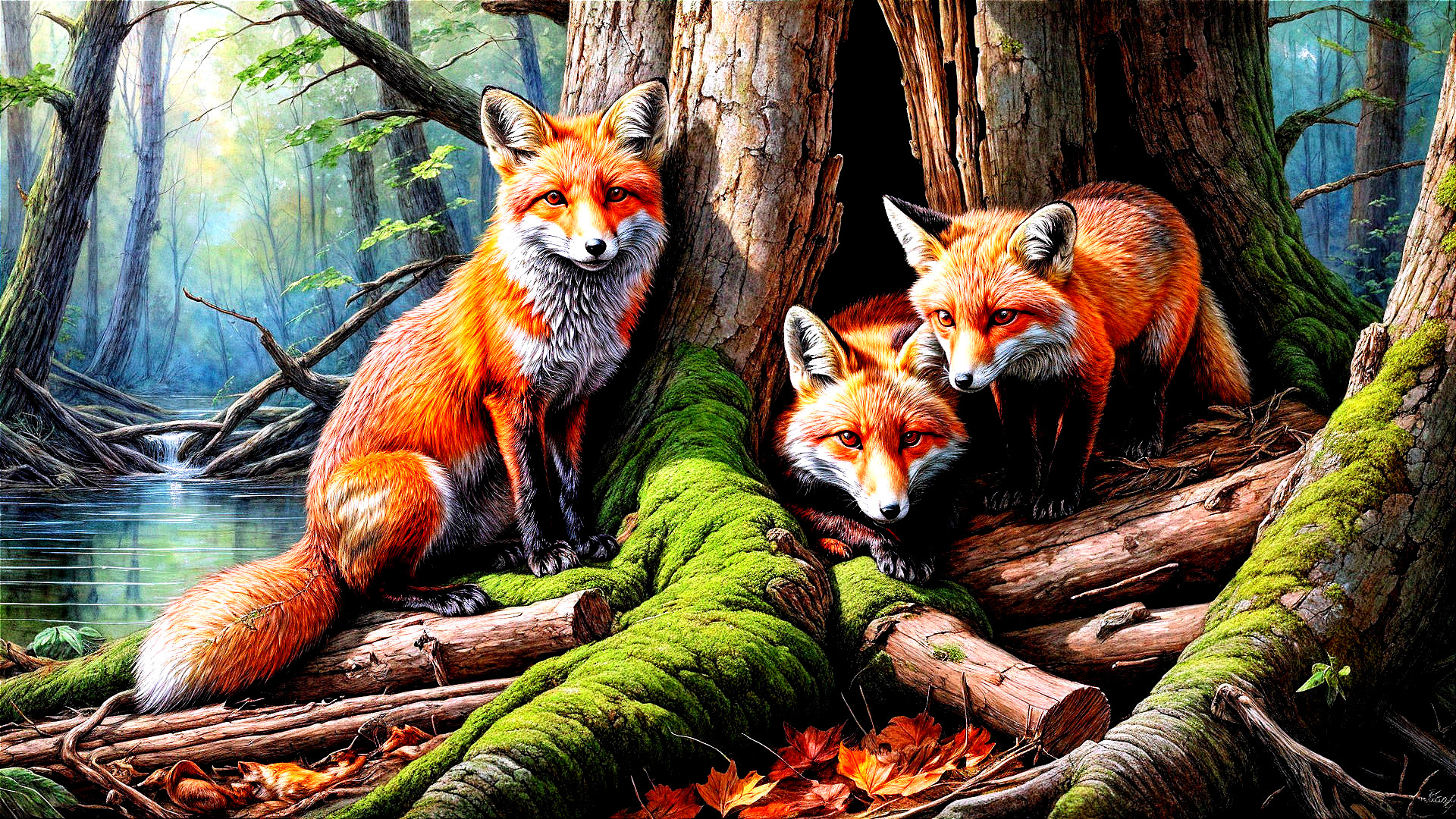 Three Orange Foxes in a Serene Forest Setting