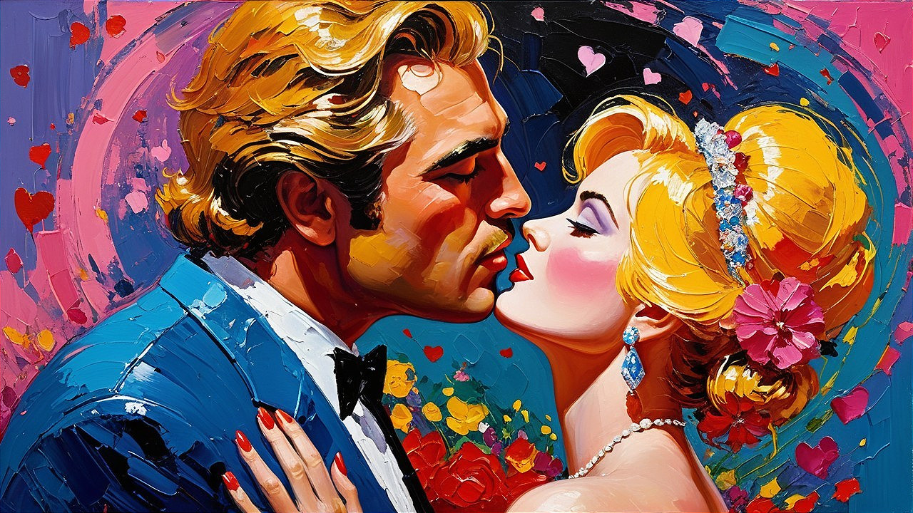 Romantic Painting of a Couple in a Colorful Kiss