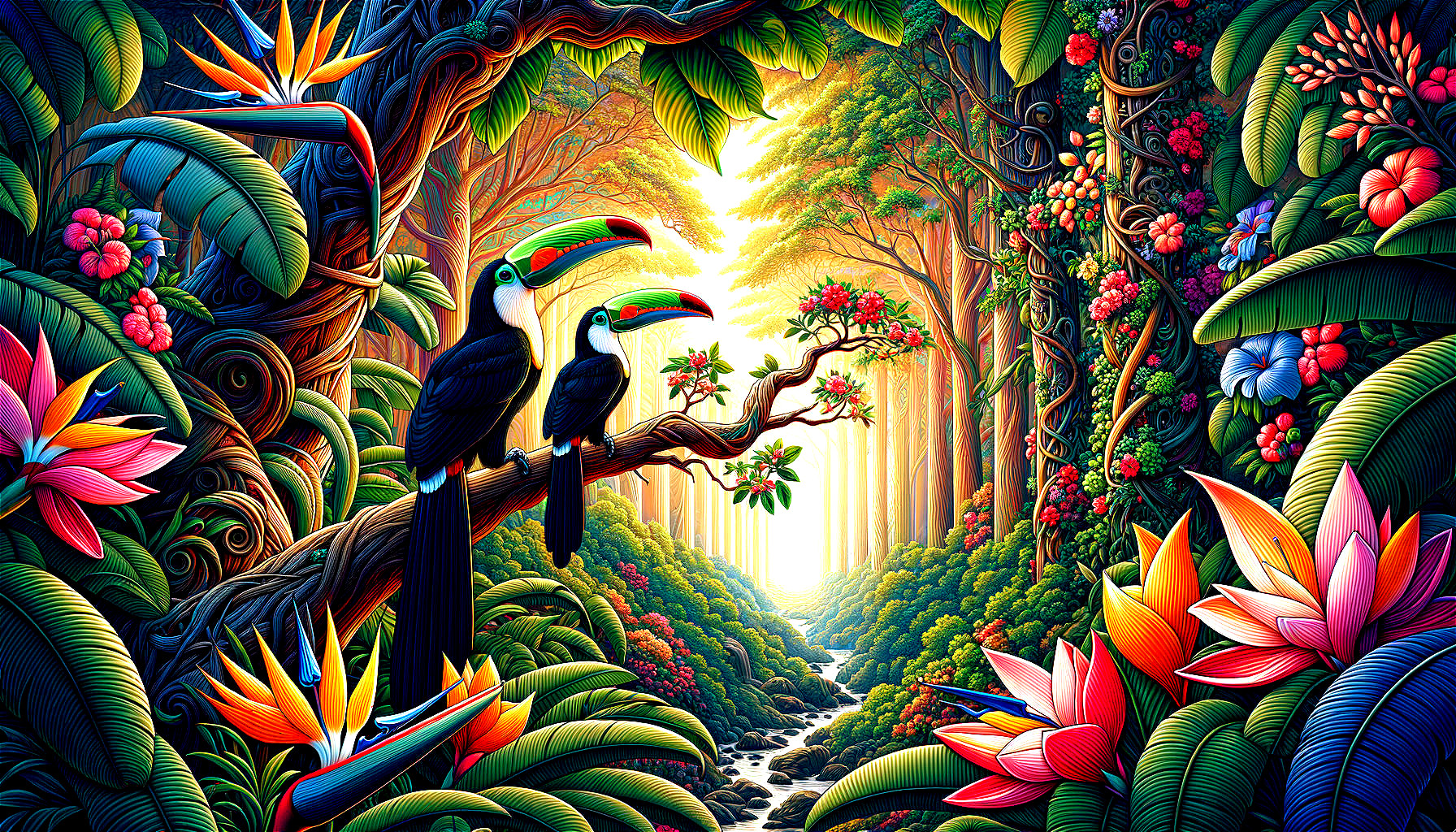 Vibrant Tropical Rainforest with Toucans and Stream