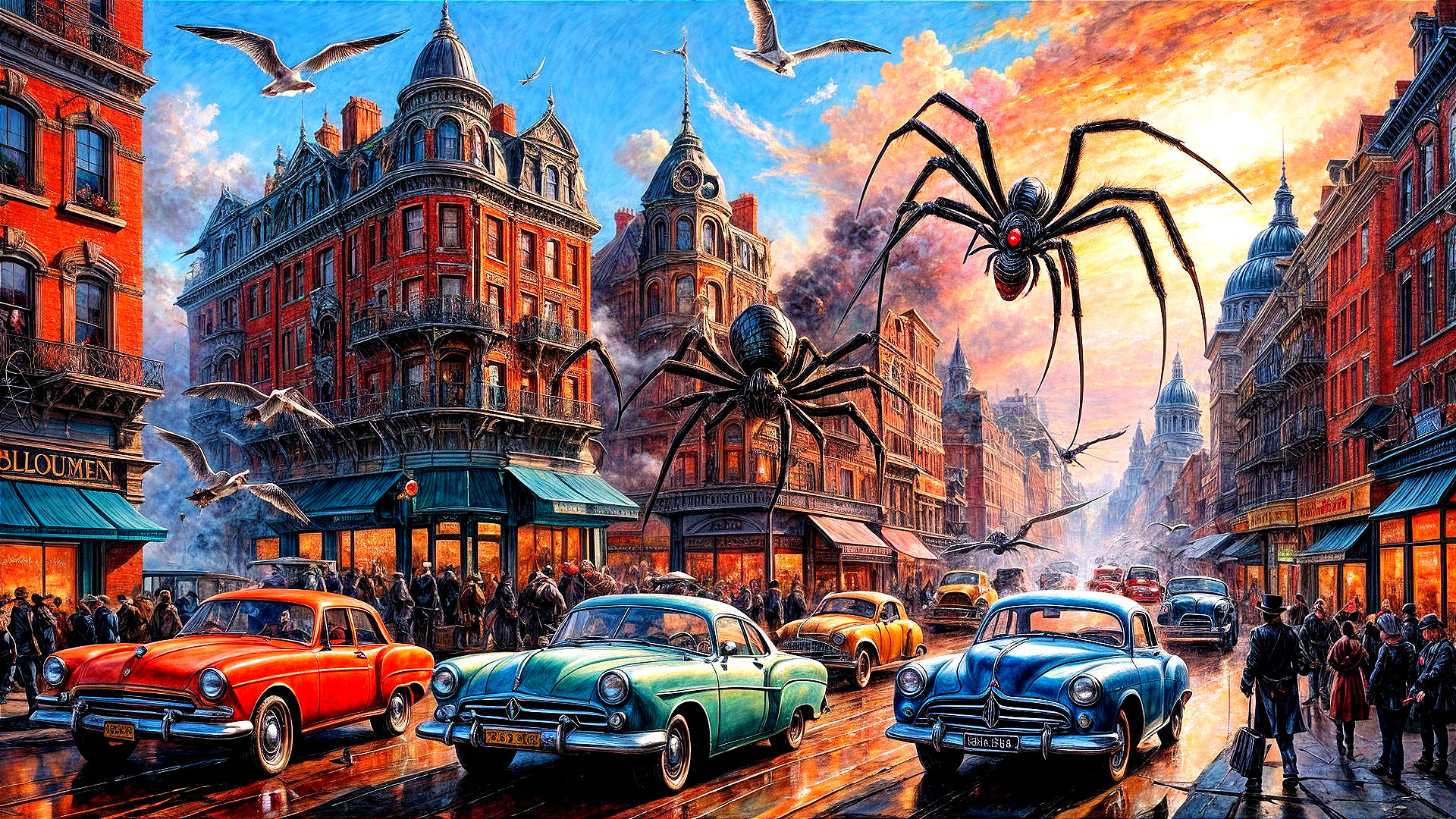 Urban Dusk Scene with Vintage Cars and Giant Spiders