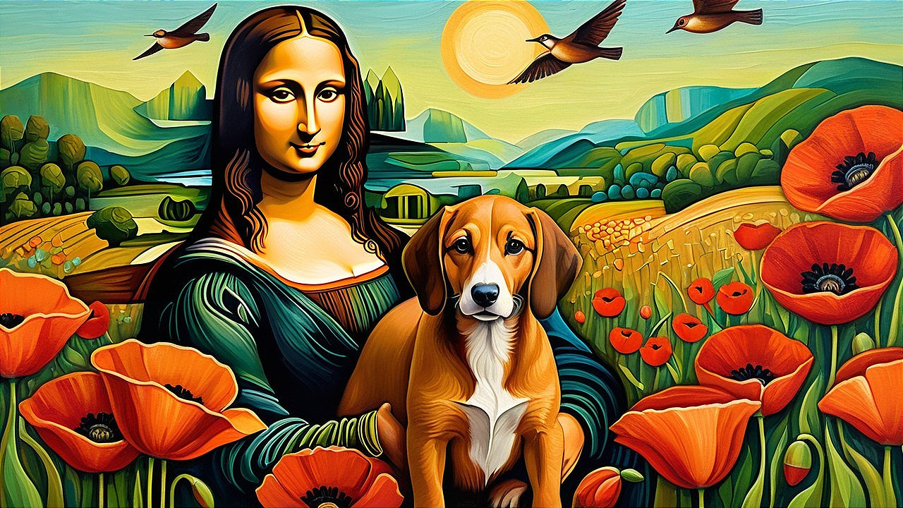 Mona Lisa Reimagined with Beagle and Vibrant Landscape