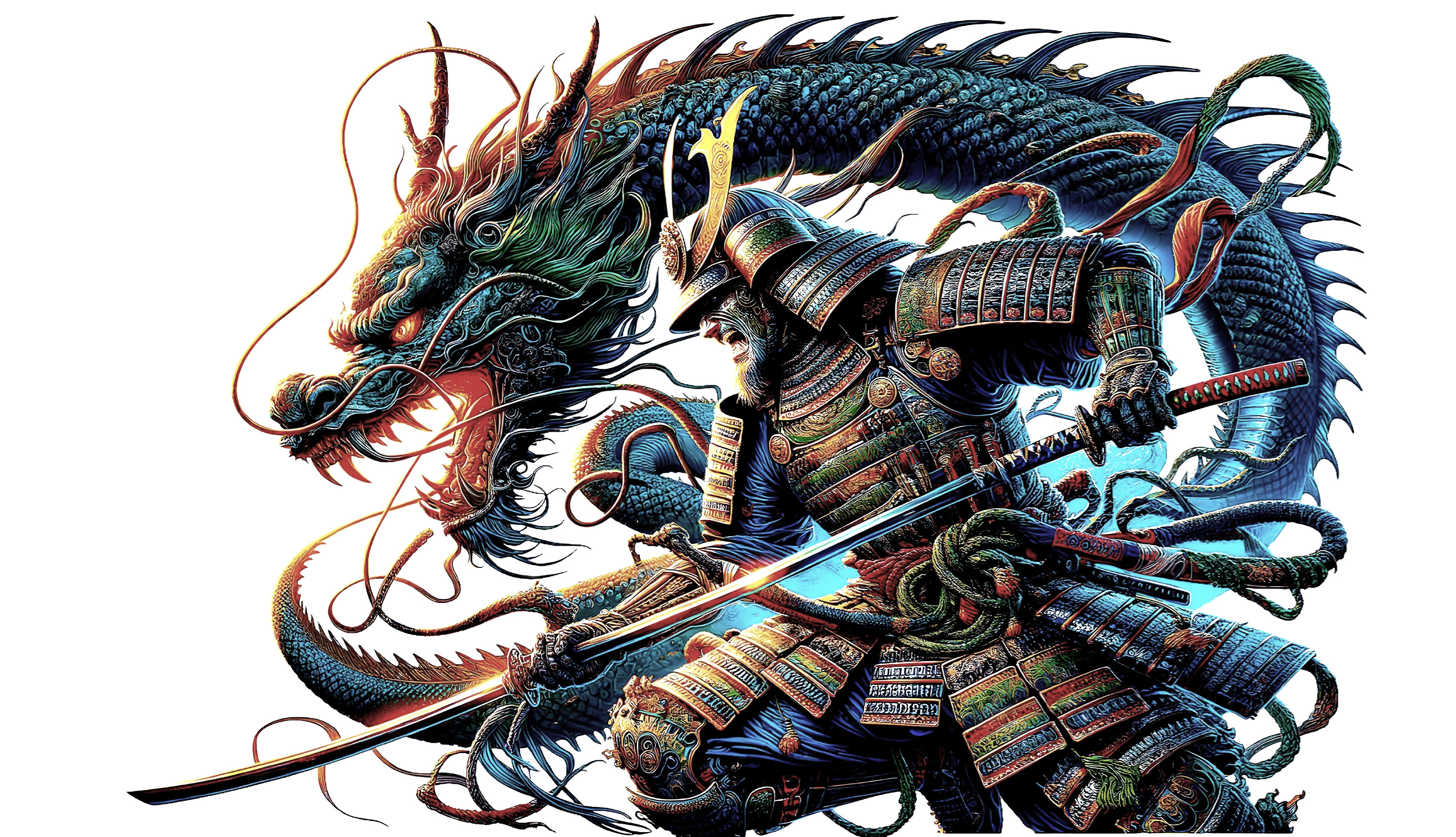 Armored Warrior with Serpentine Dragon Illustration