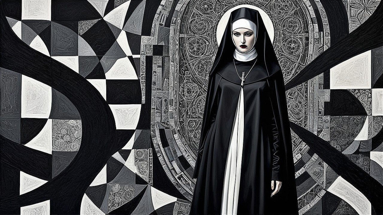 Nun in Traditional Attire Against Abstract Background