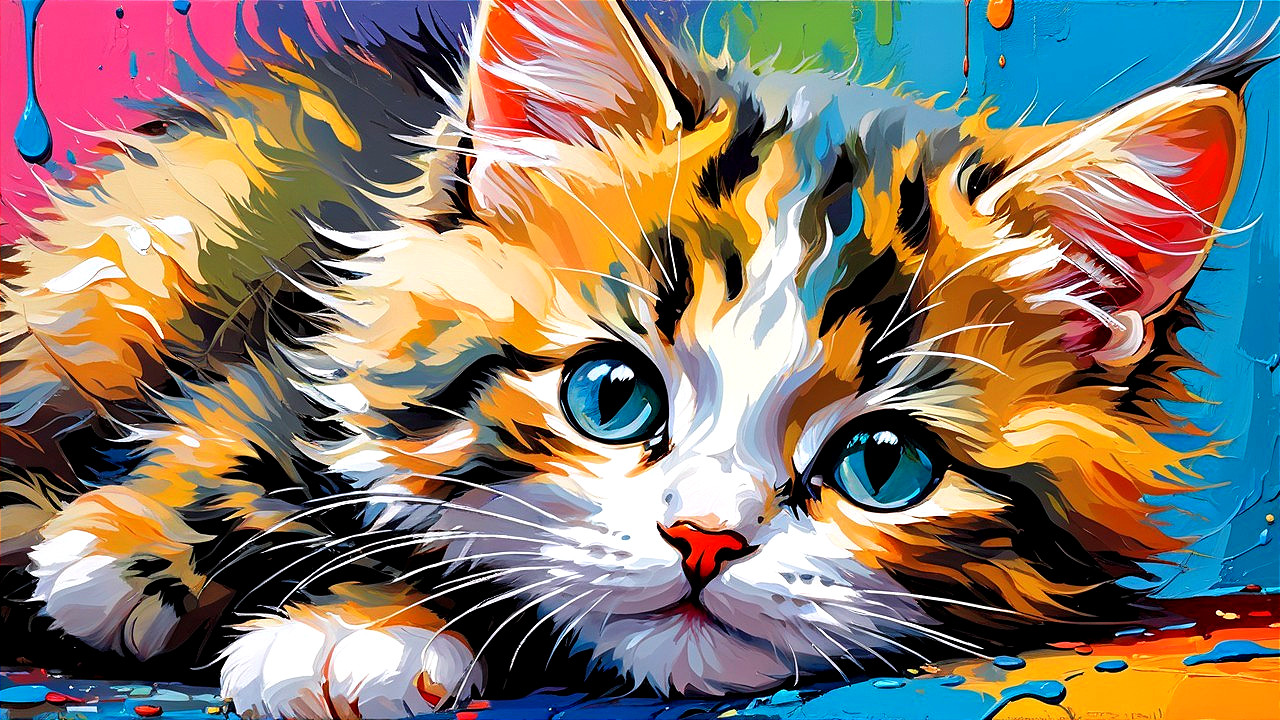 Colorful Painting of a Playful Kitten with Blue Eyes