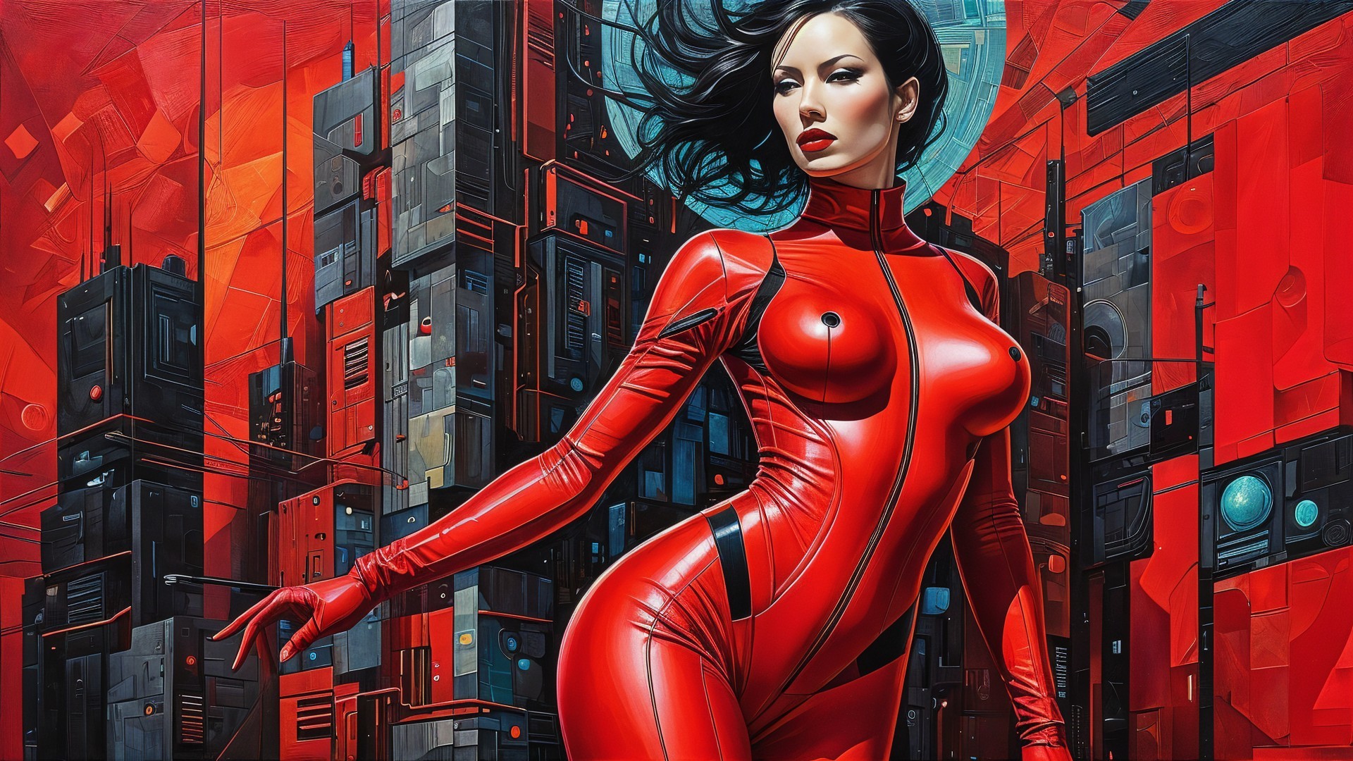 Female Figure in Red Bodysuit Against Abstract Cityscape