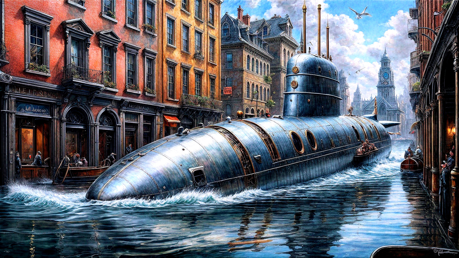 Metallic Submarine in Vibrant Canal Scene