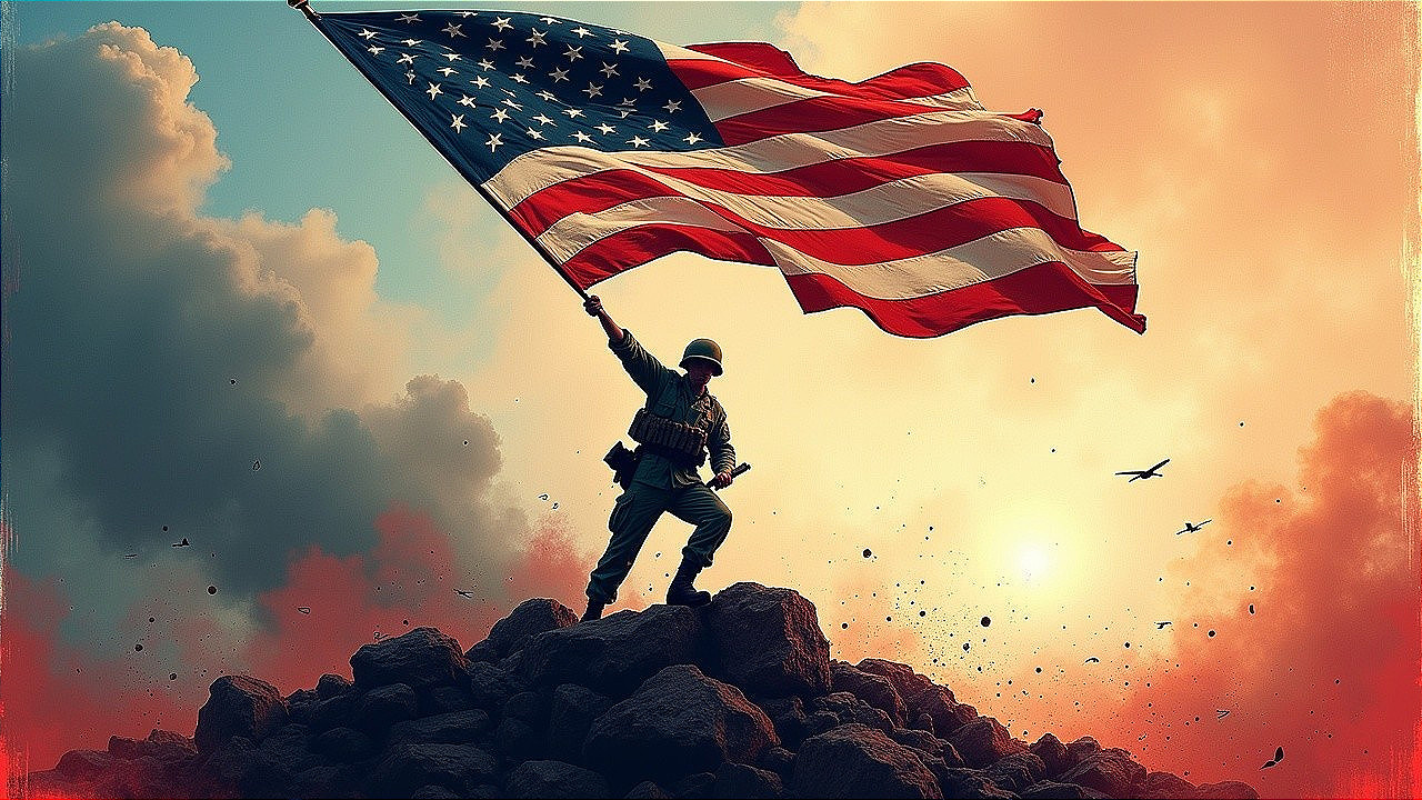 Soldier with American Flag on Rocky Outcrop at Sunset