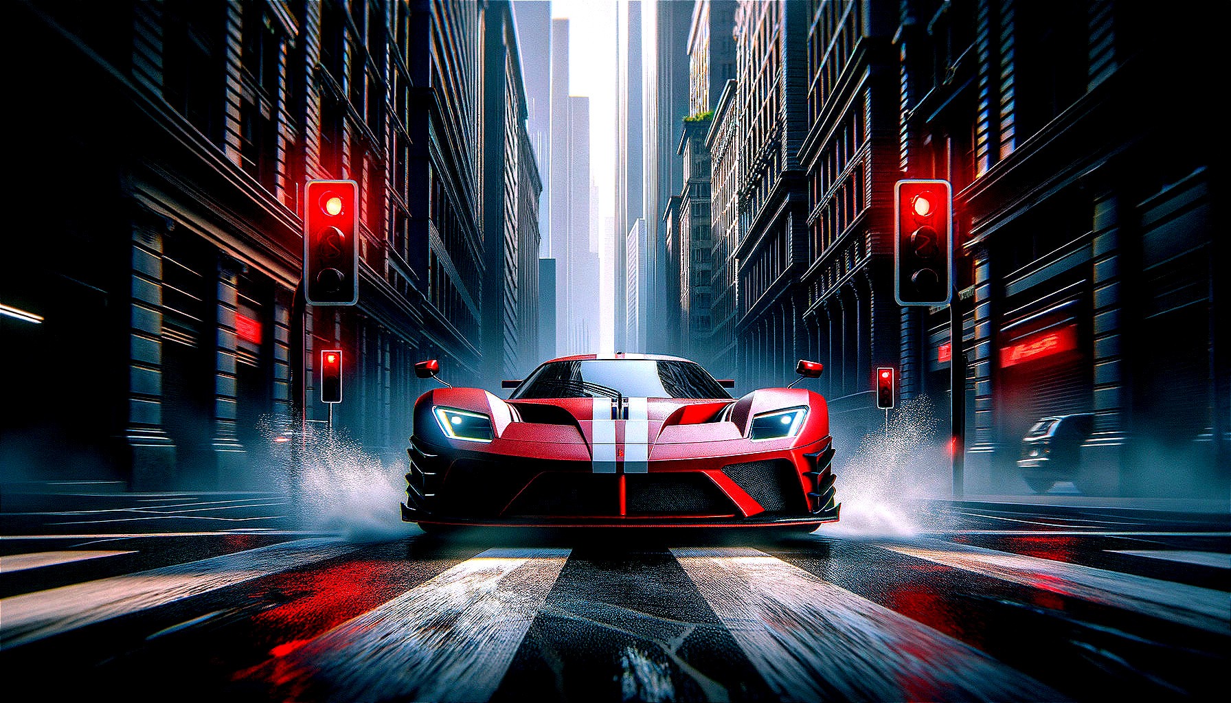 Red Sports Car on Urban Street with Skyscrapers