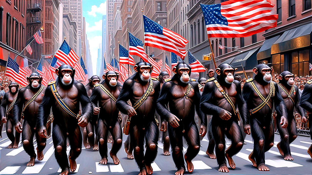Vibrant Parade with Chimpanzees in City Street