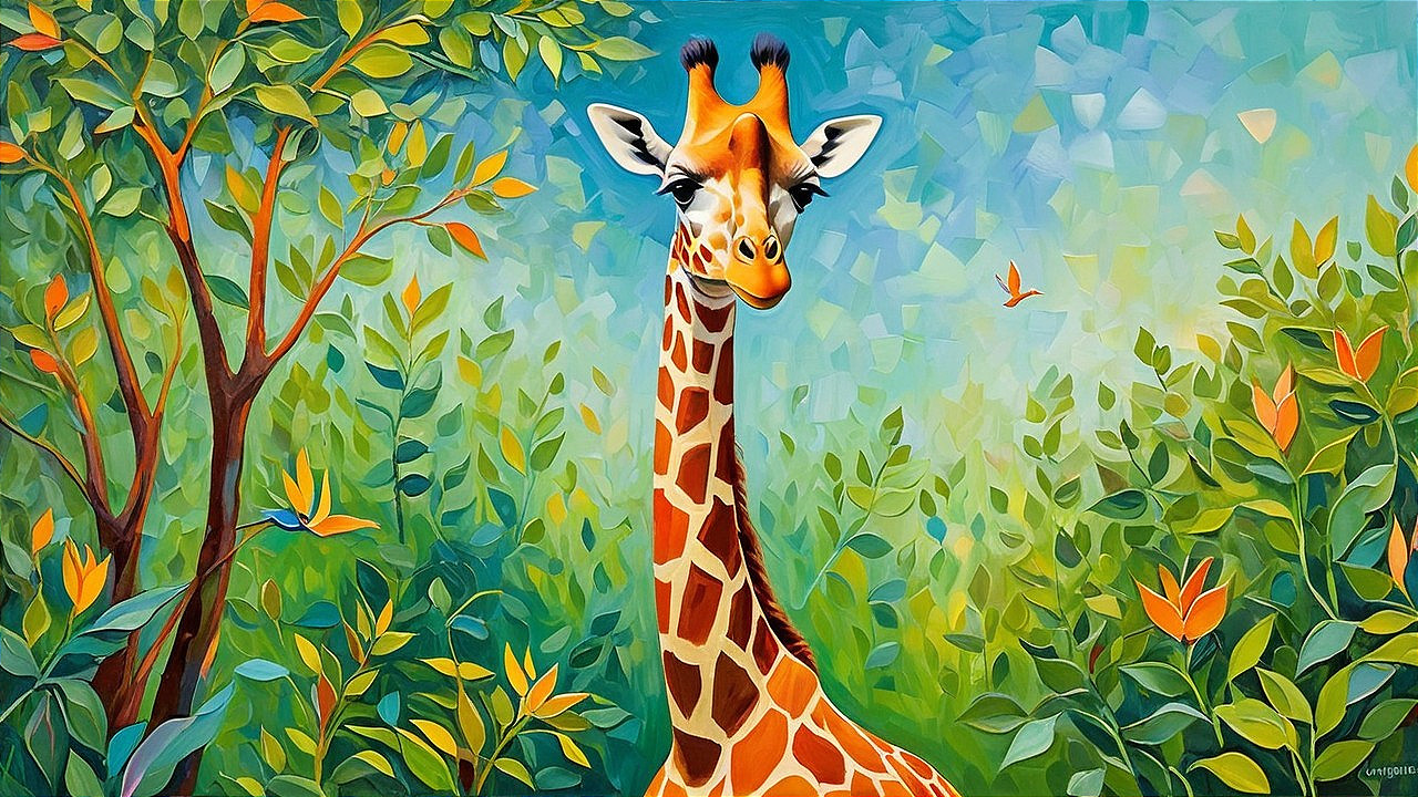Colorful Giraffe Painting in Lush Jungle Setting