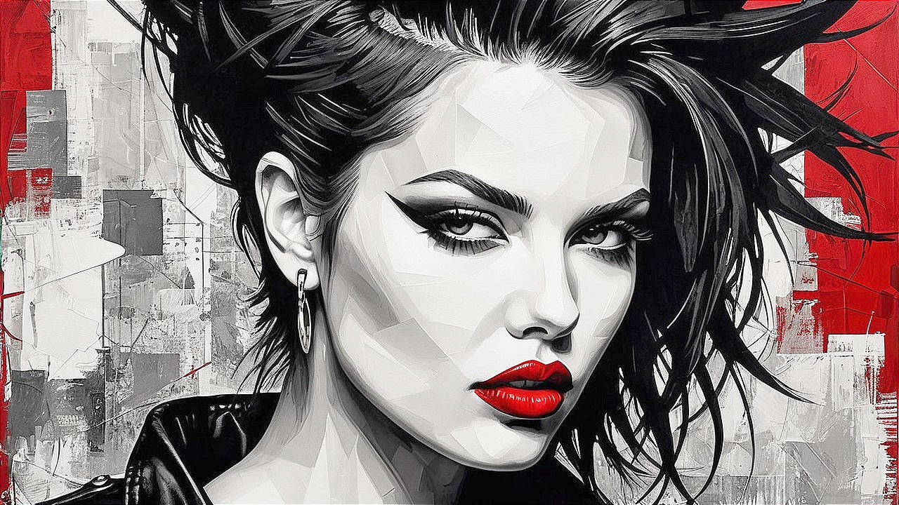 Bold Portrait of a Woman in Red, White, and Black