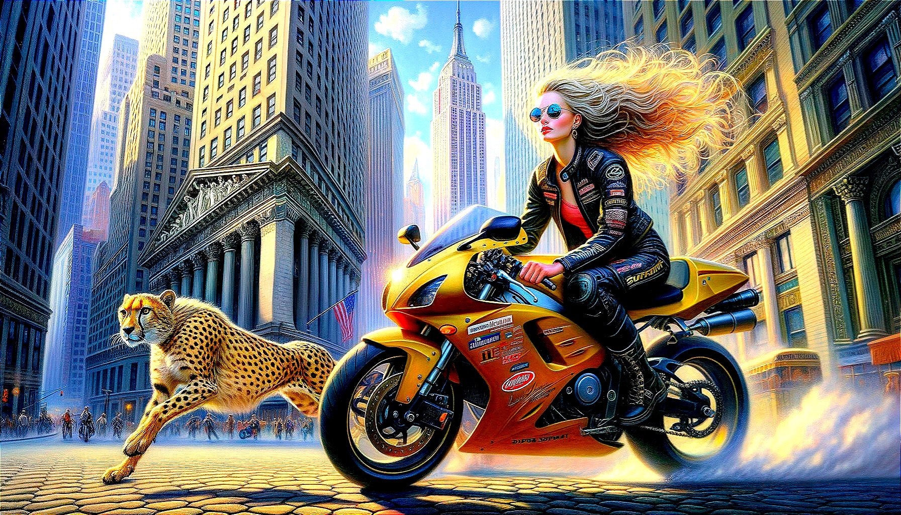 Confident Woman on Yellow Motorcycle in Urban Scene
