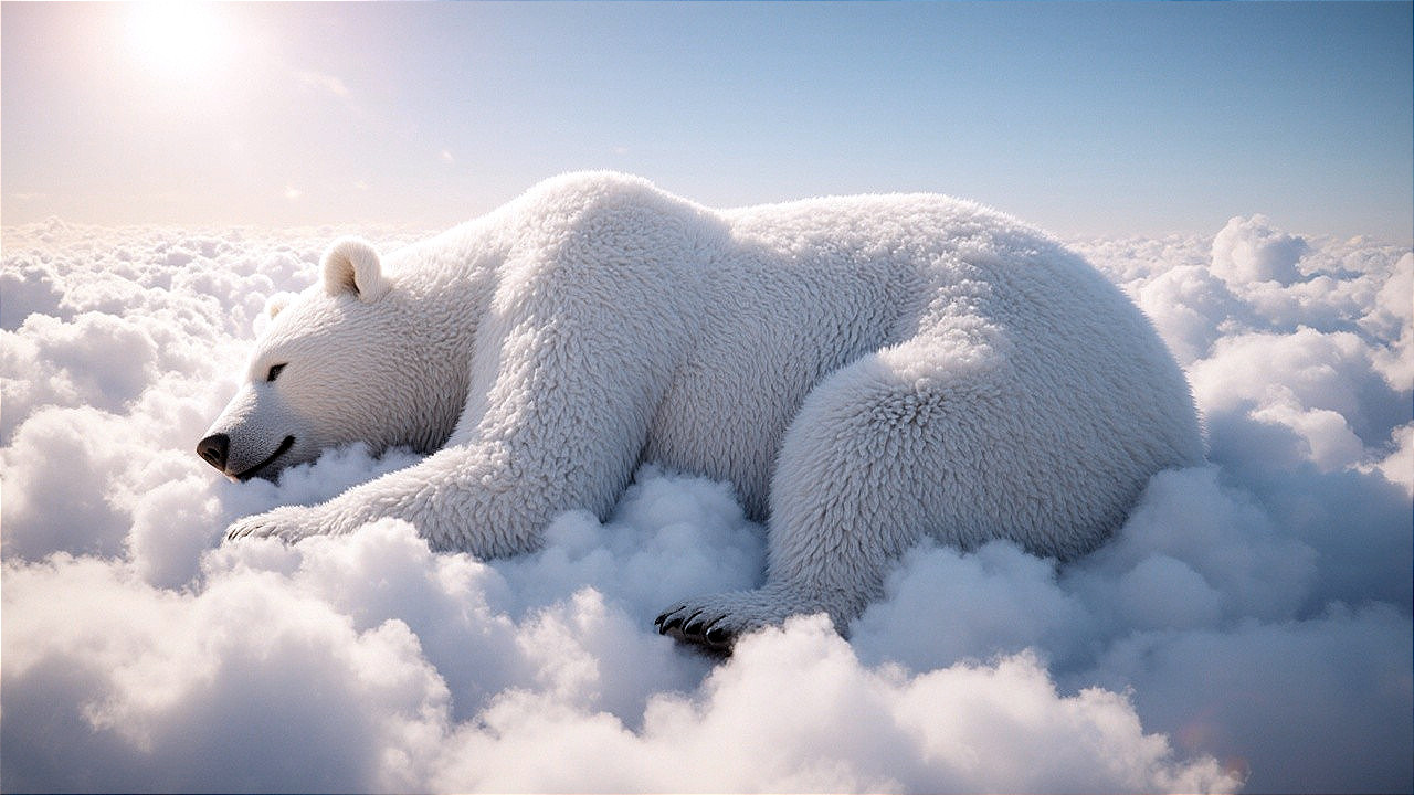 Polar bear resting on a cloud in a serene scene